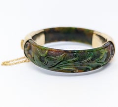 Antique Bracelet en Jade Nephrite sculpté 14k 585 Or Jaune Solide Asiatique