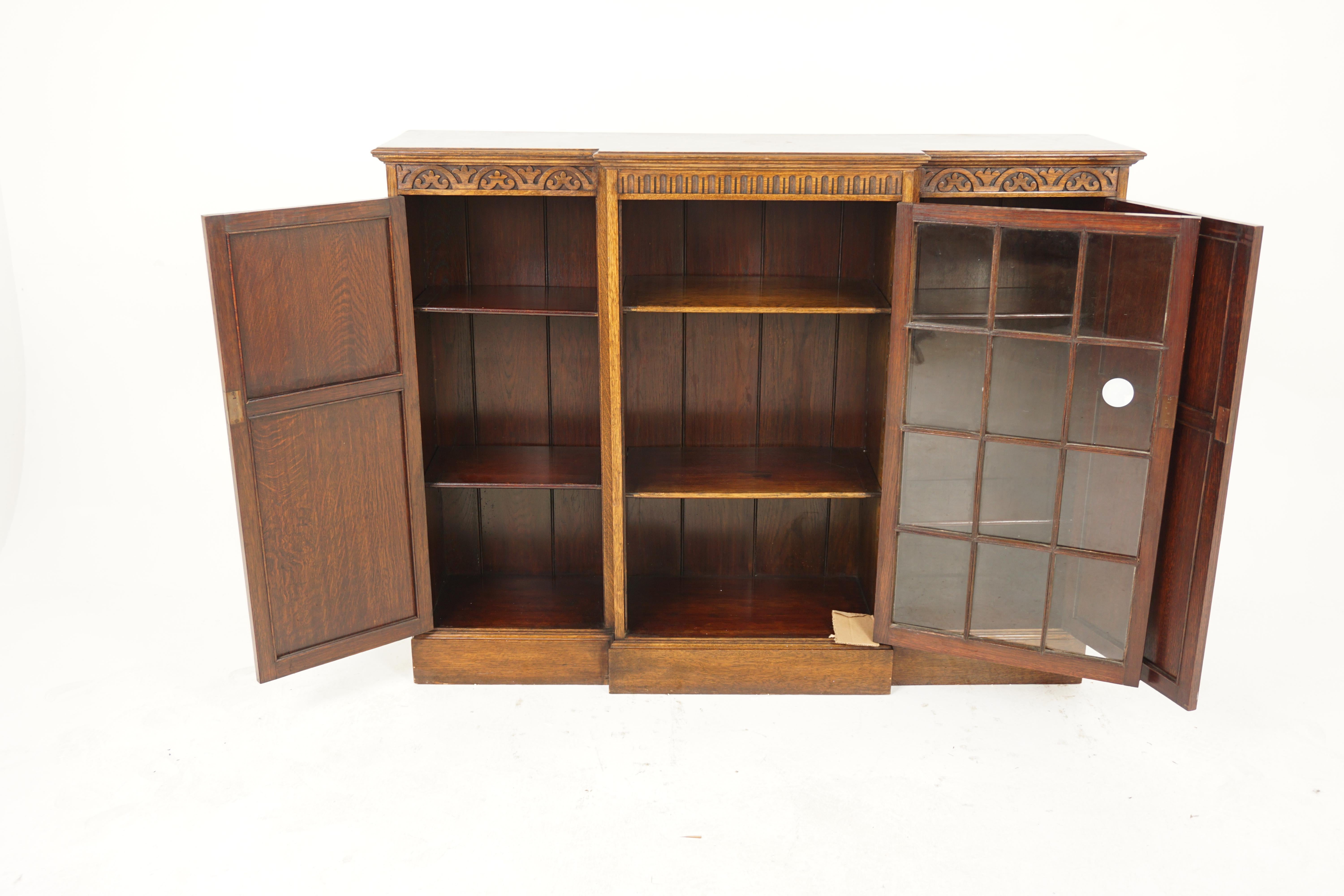 Early 20th Century Antique Carved Oak 3 Door Breakfront Bookcase, Display, Scotland 1910, H1032 For Sale
