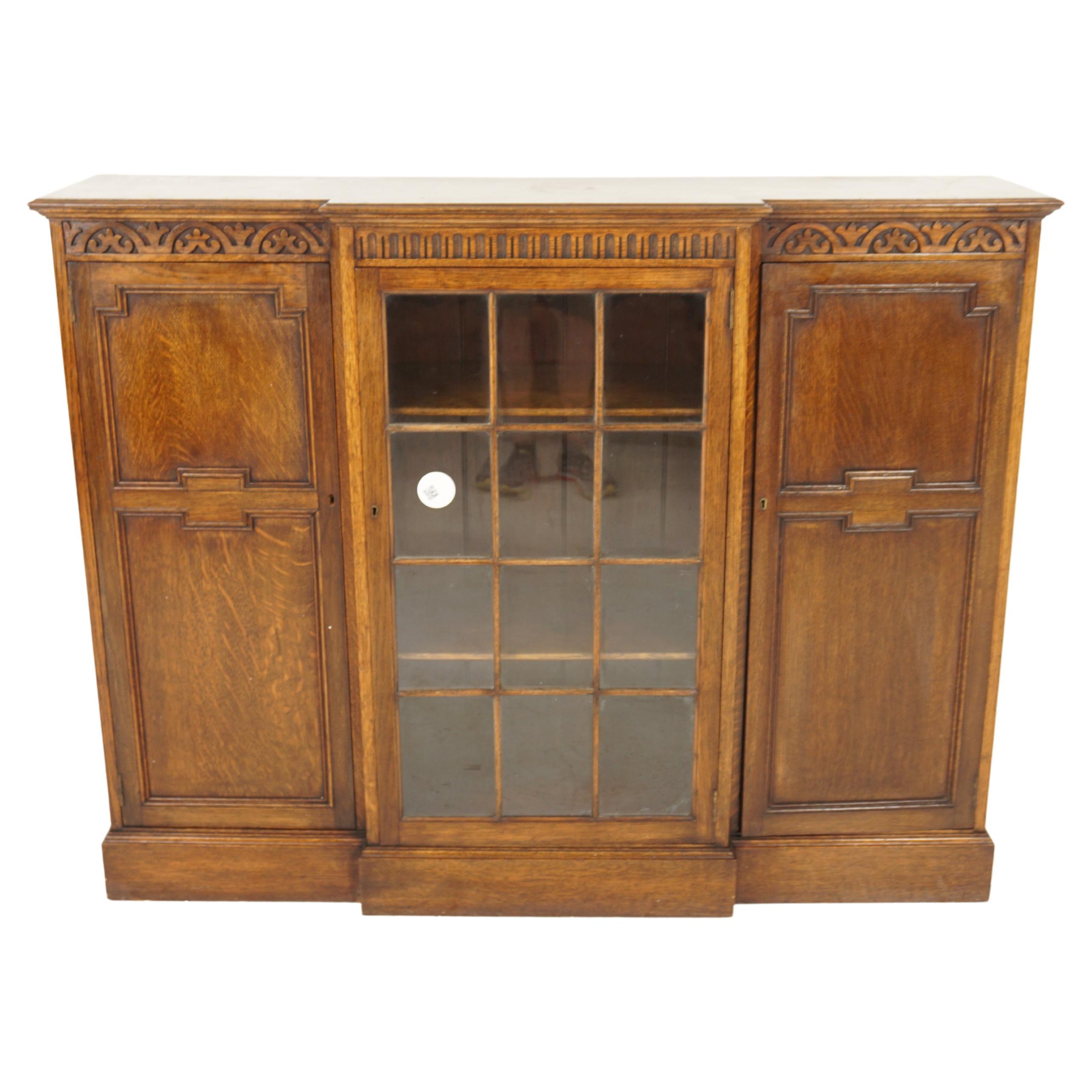 Antique Carved Oak 3 Door Breakfront Bookcase, Display, Scotland 1910, H1032 For Sale