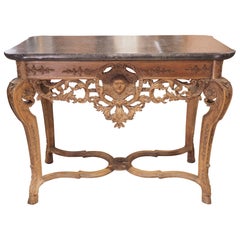 Ancienne console de style Régence en chêne sculpté et pierre bleue des Flandres, vers 1850