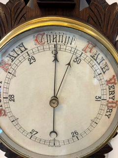 Antique Carved Oak Aneroid Barometer with Thermometer