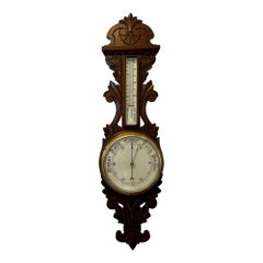 Antique Carved Oak Aneroid Barometer with Thermometer