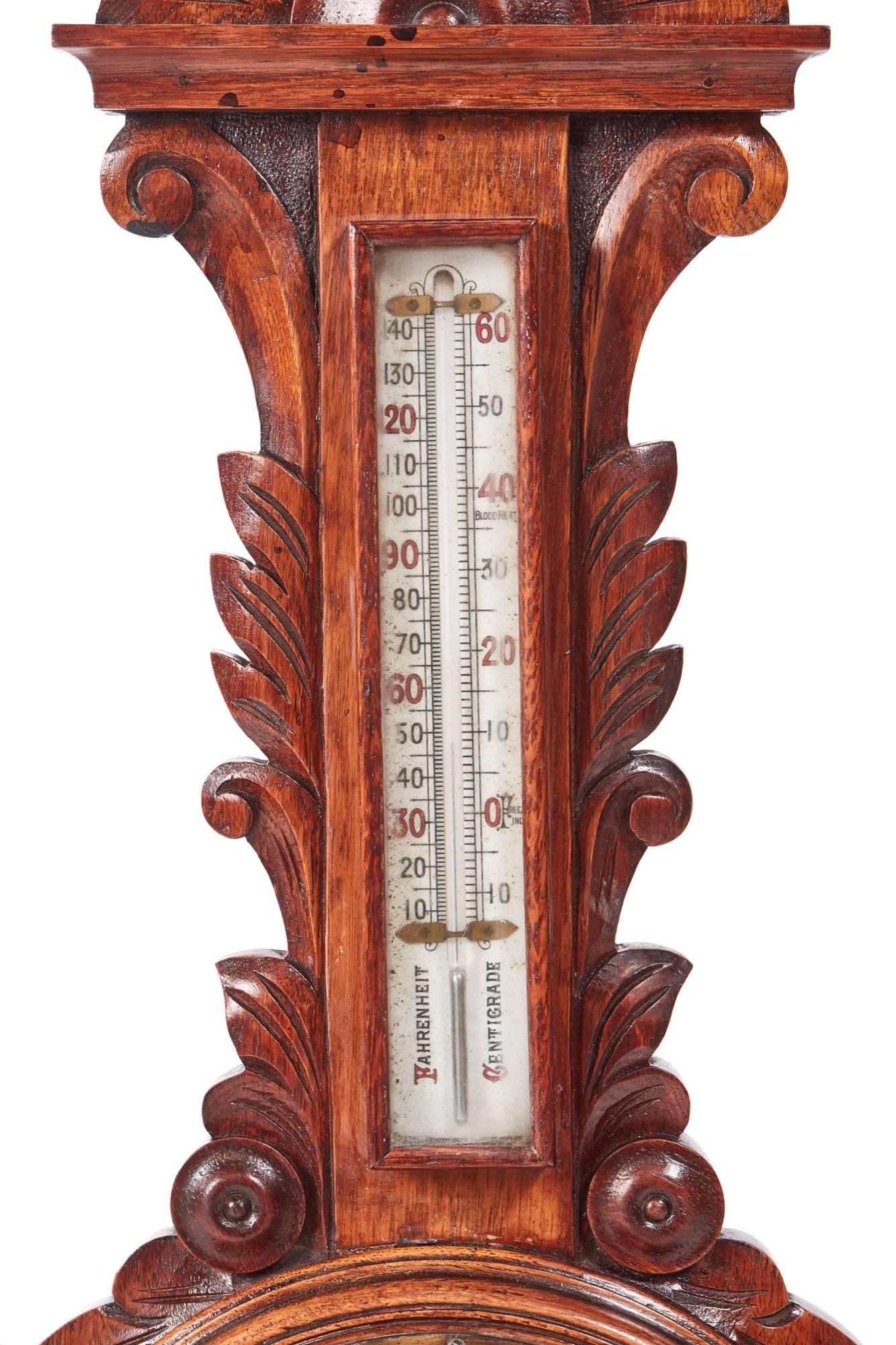 19th Century Antique Carved Oak Anerold Banjo Barometer
