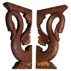 Antique Carved Oak Architectural Swan Elements circa 1890