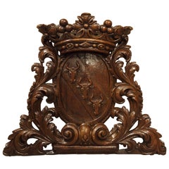 Antique Carved Oak Armorial Bull Heads Plaque, 19th Century