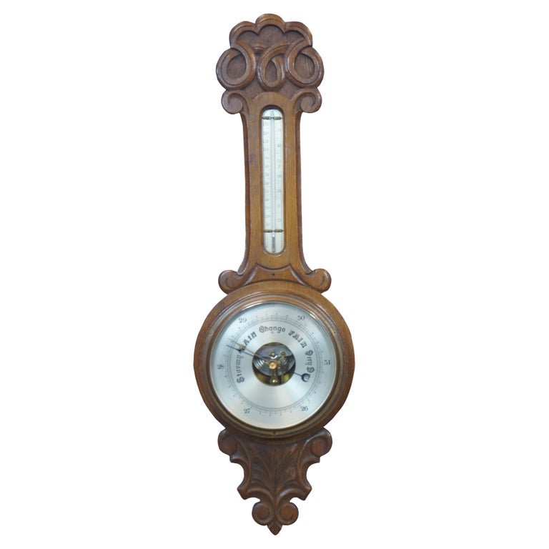 Antique Carved Oak Banjo Aneroid Wall Barometer and Thermometer Barometric  For Sale at 1stDibs