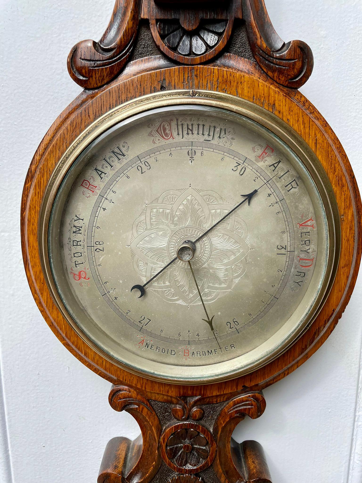 Early 20th Century Antique Carved Oak Banjo Barometer
