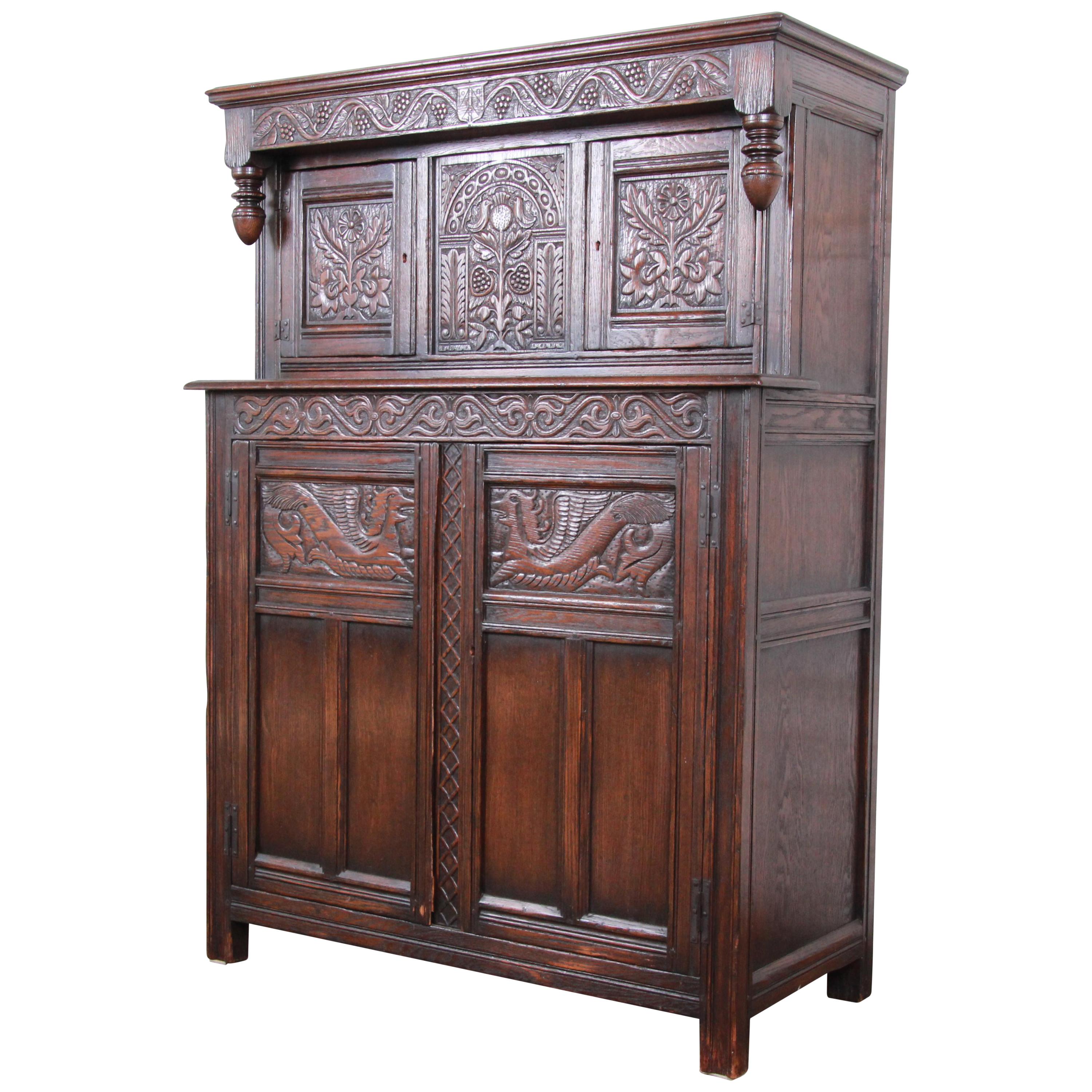 Antique Carved Oak Bar Cabinet by Kensington of New York, circa 1920s