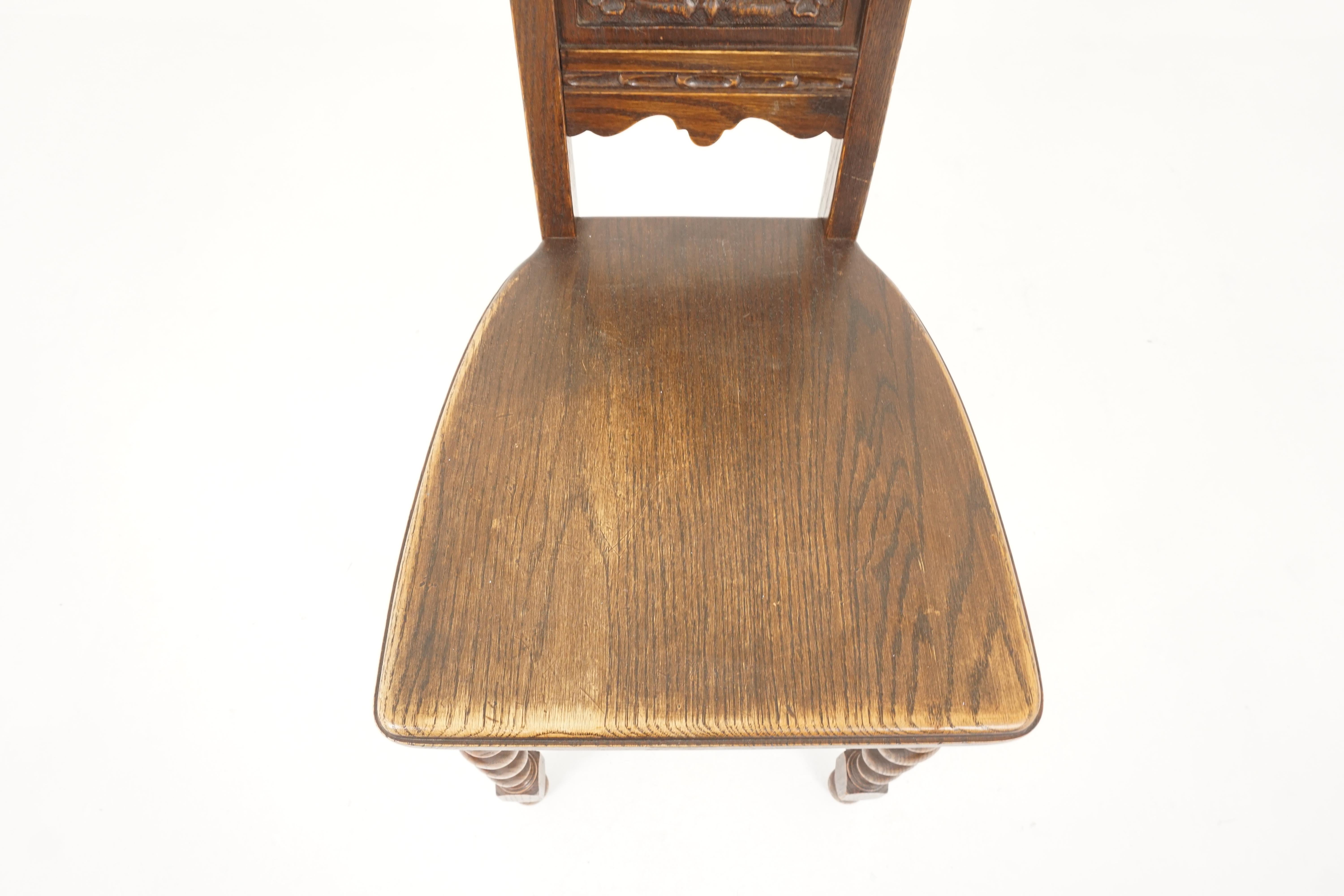 Scottish Antique Carved Oak Barley Twist Hall Chair, Scotland 1920, B2323