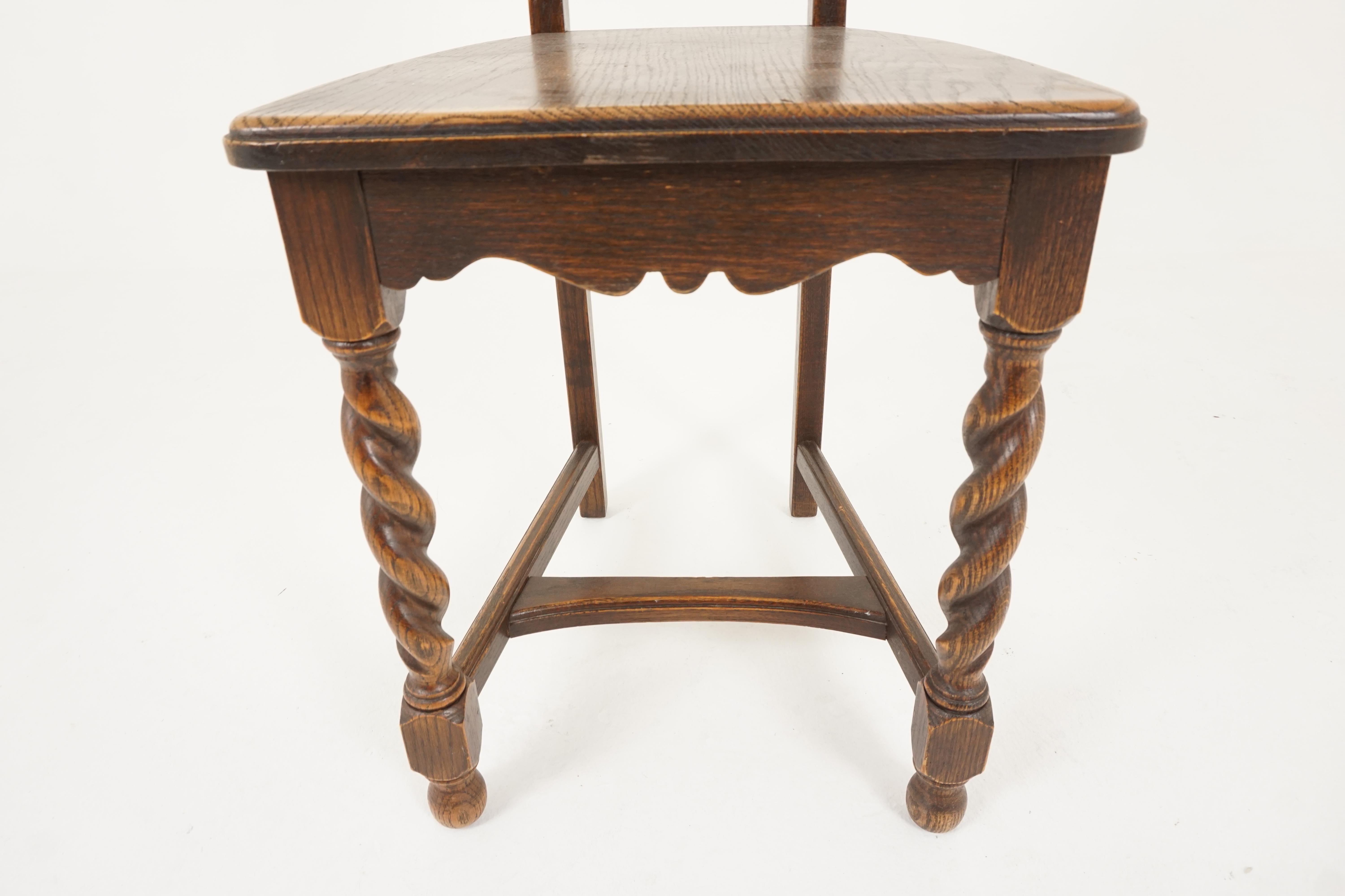 Hand-Crafted Antique Carved Oak Barley Twist Hall Chair, Scotland 1920, B2323