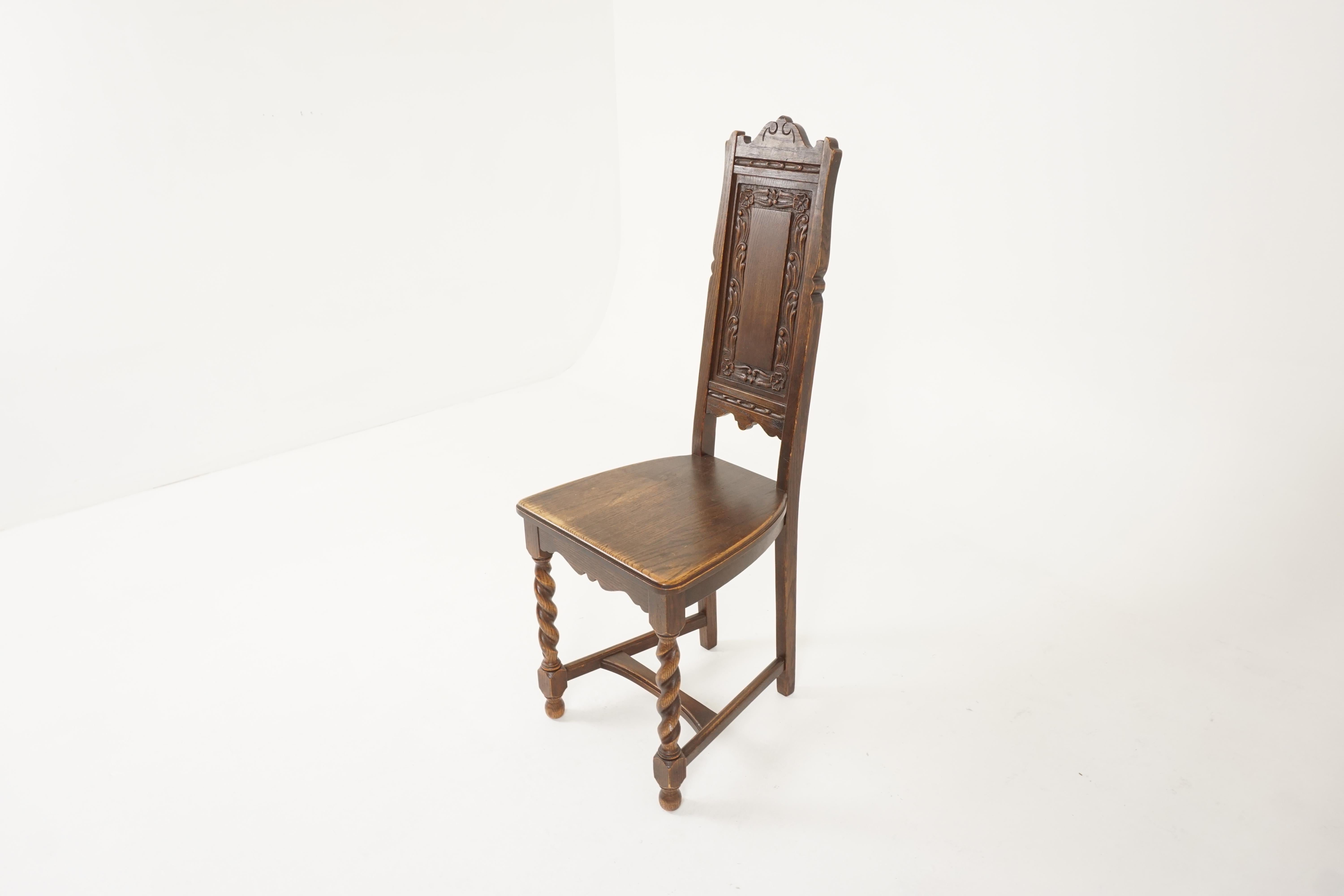 Antique Carved Oak Barley Twist Hall Chair, Scotland 1920, B2323 In Good Condition In Vancouver, BC