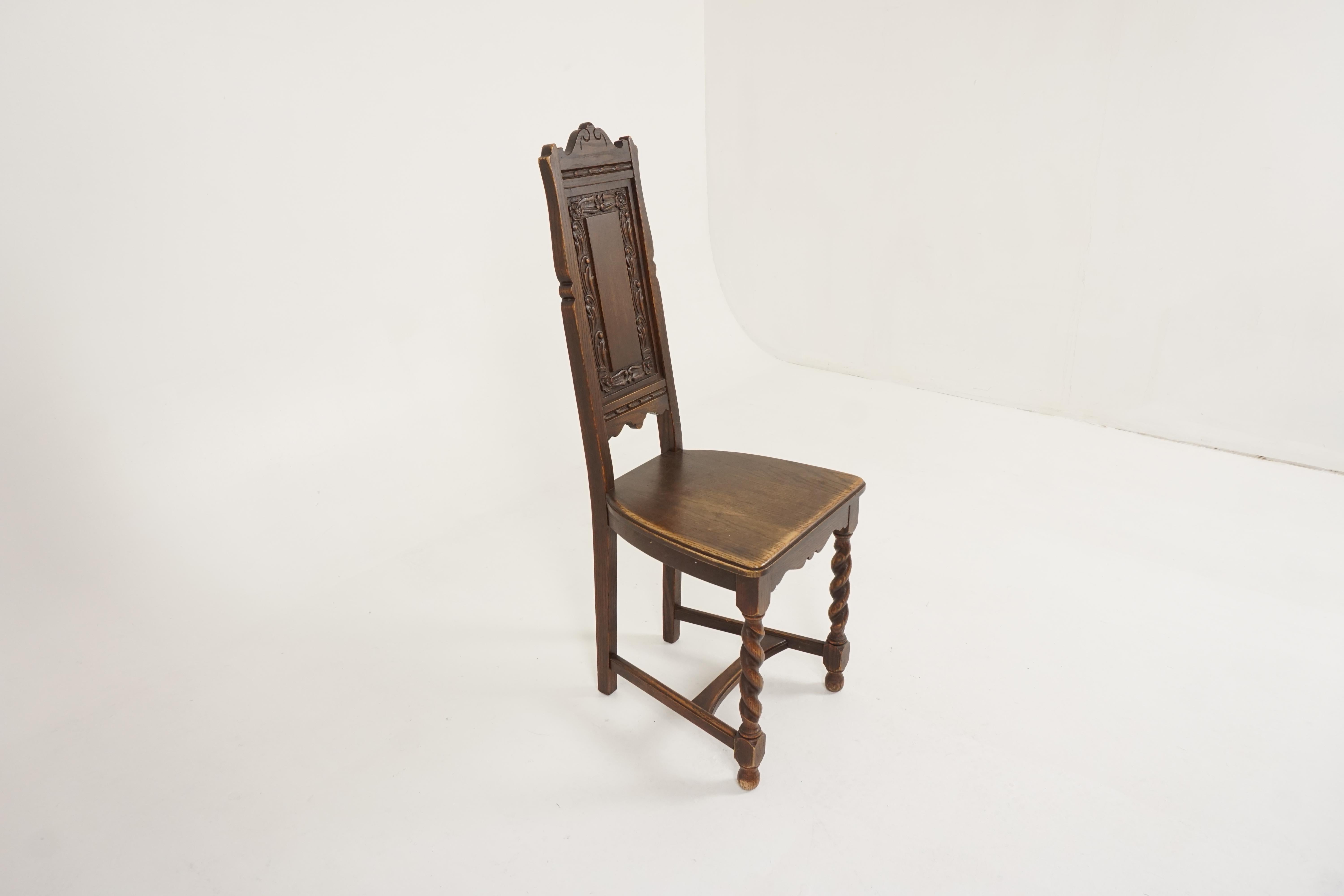 Early 20th Century Antique Carved Oak Barley Twist Hall Chair, Scotland 1920, B2323