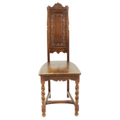 Antique Carved Oak Barley Twist Hall Chair, Scotland 1920, B2323