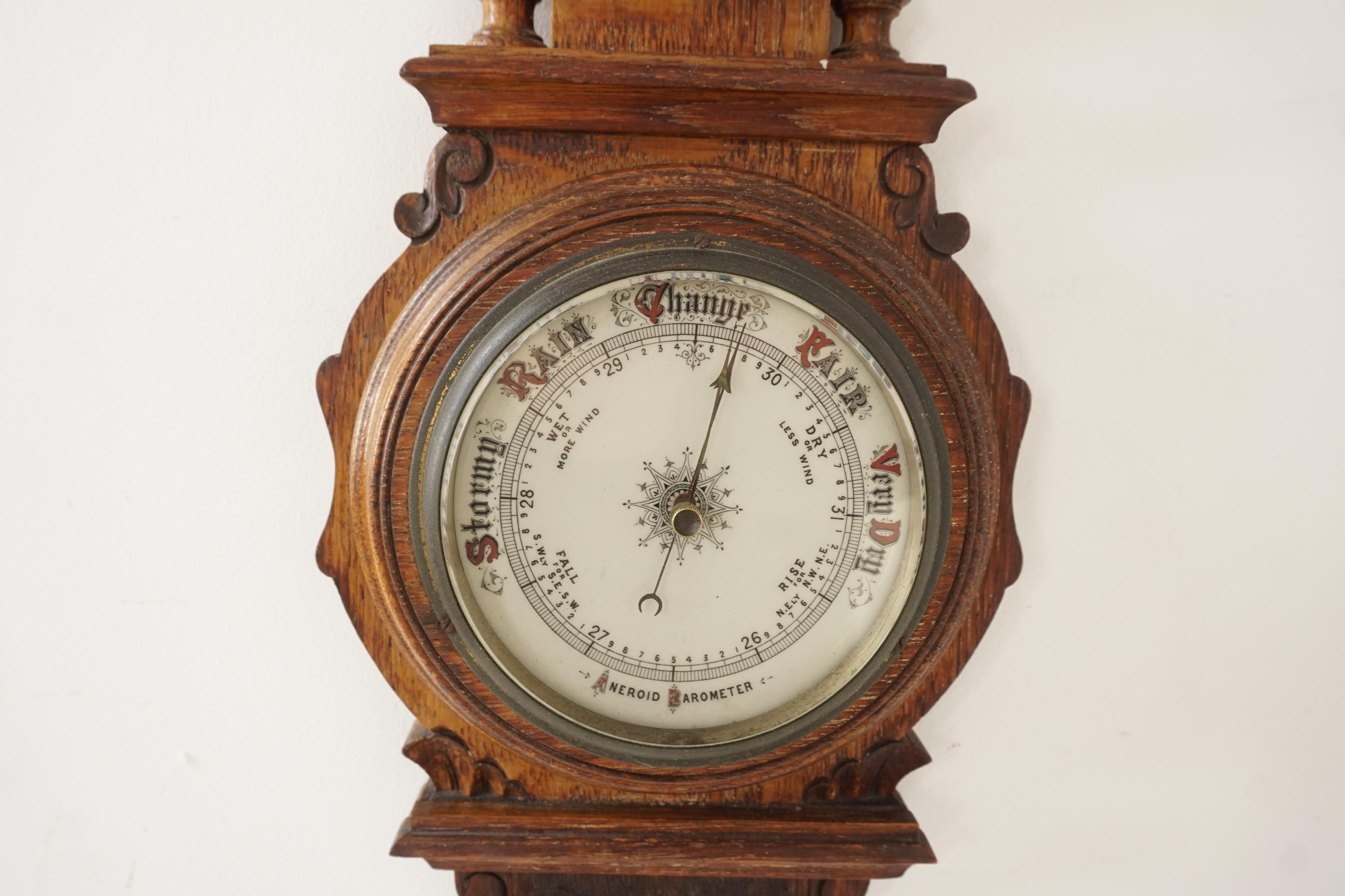 Scottish Antique Carved Oak Barometer, Banjo Barometer, Aneroid, Scotland 1890, B2459