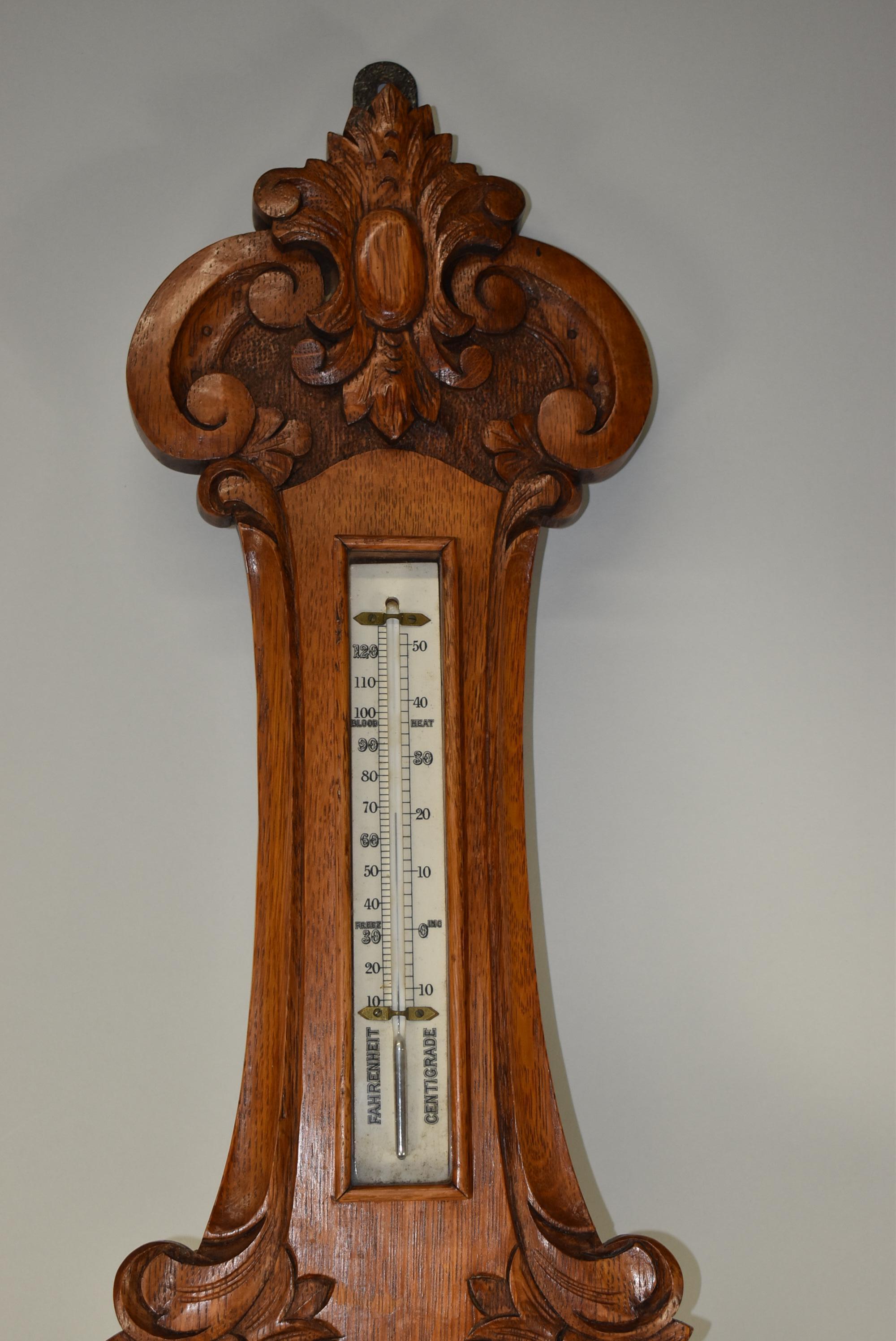 Art Nouveau Antique Carved Oak Barometer Lloyd, Payne & Amiel Manchester England For Sale