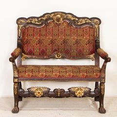 Antique Carved Oak Bench Loveseat with Painted Gold Gilt Highlights