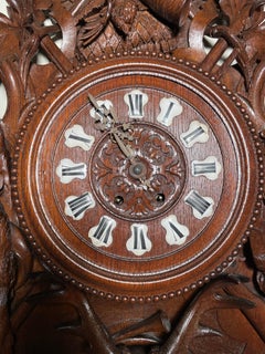 Antique Carved Oak "Black Forest" Hunting Motif Wall Clock, Circa 1890