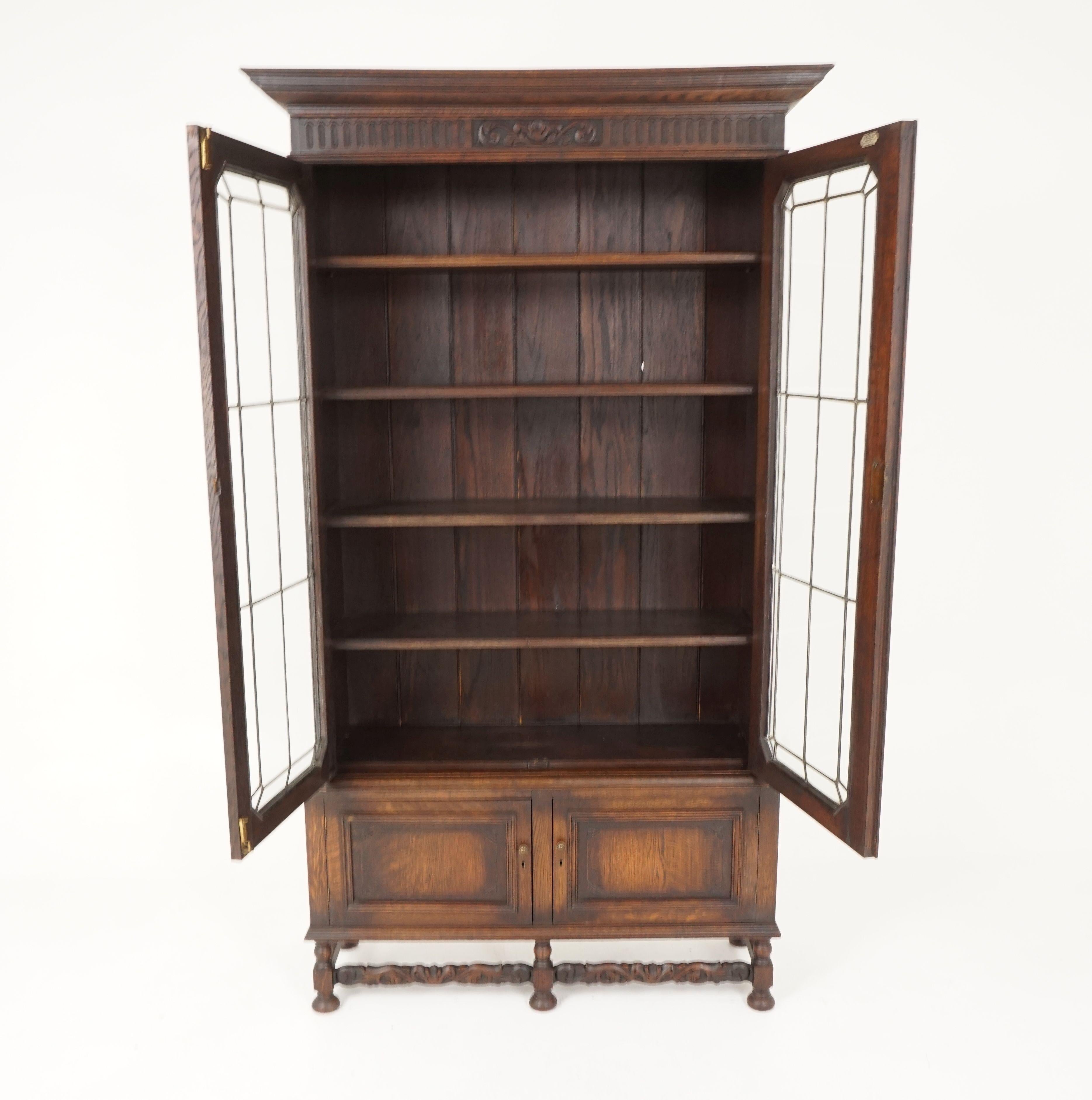 Hand-Crafted Antique Carved Oak Bookcase, Leaded Glass Door 