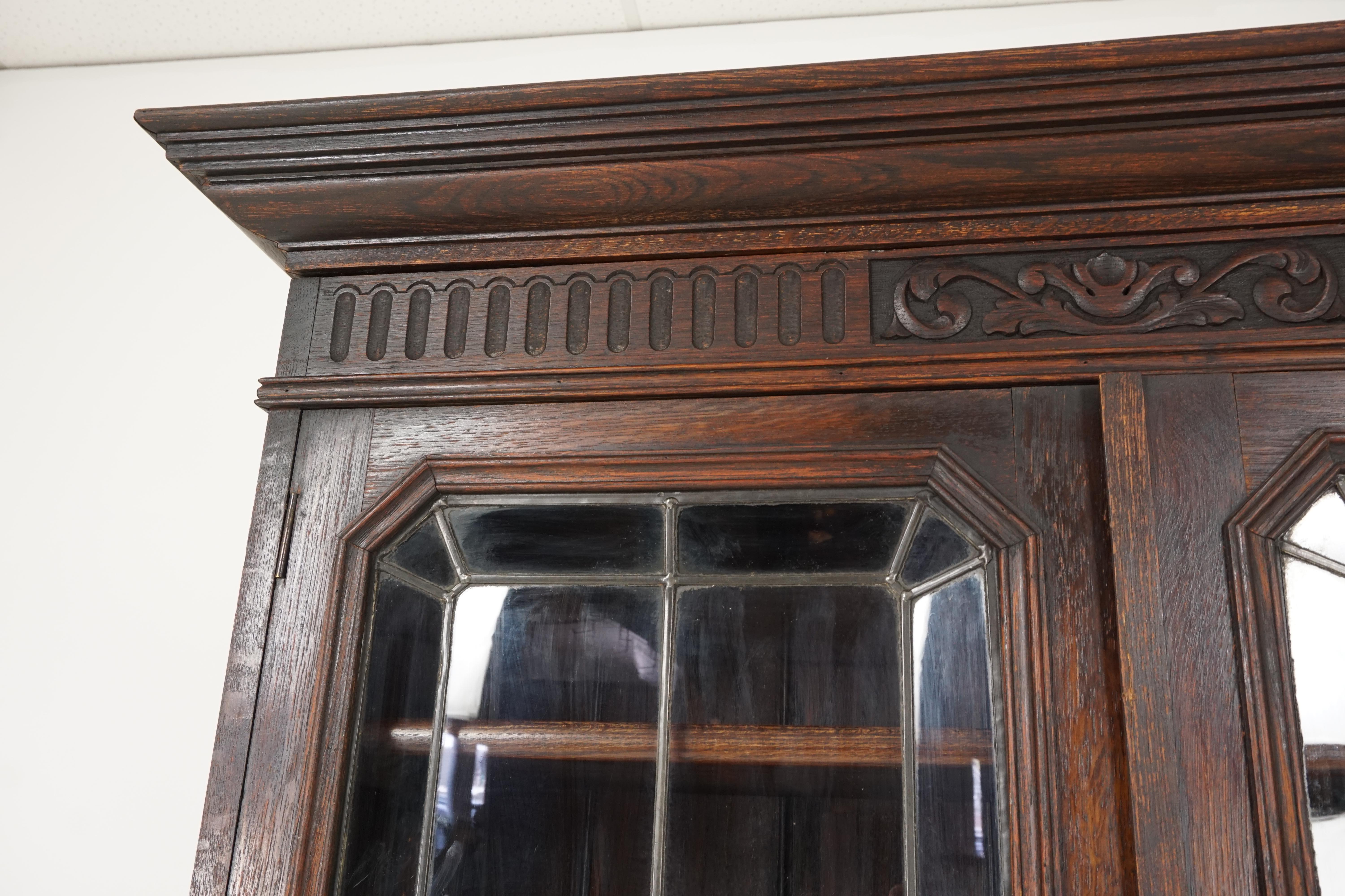 Antique Carved Oak Bookcase, Leaded Glass Door 
