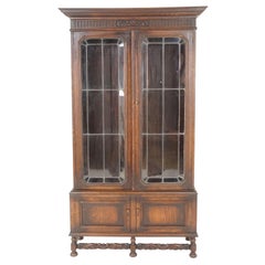 Antique Carved Oak Bookcase, Leaded Glass Door "Geo Wilkes", England 1920, B2365