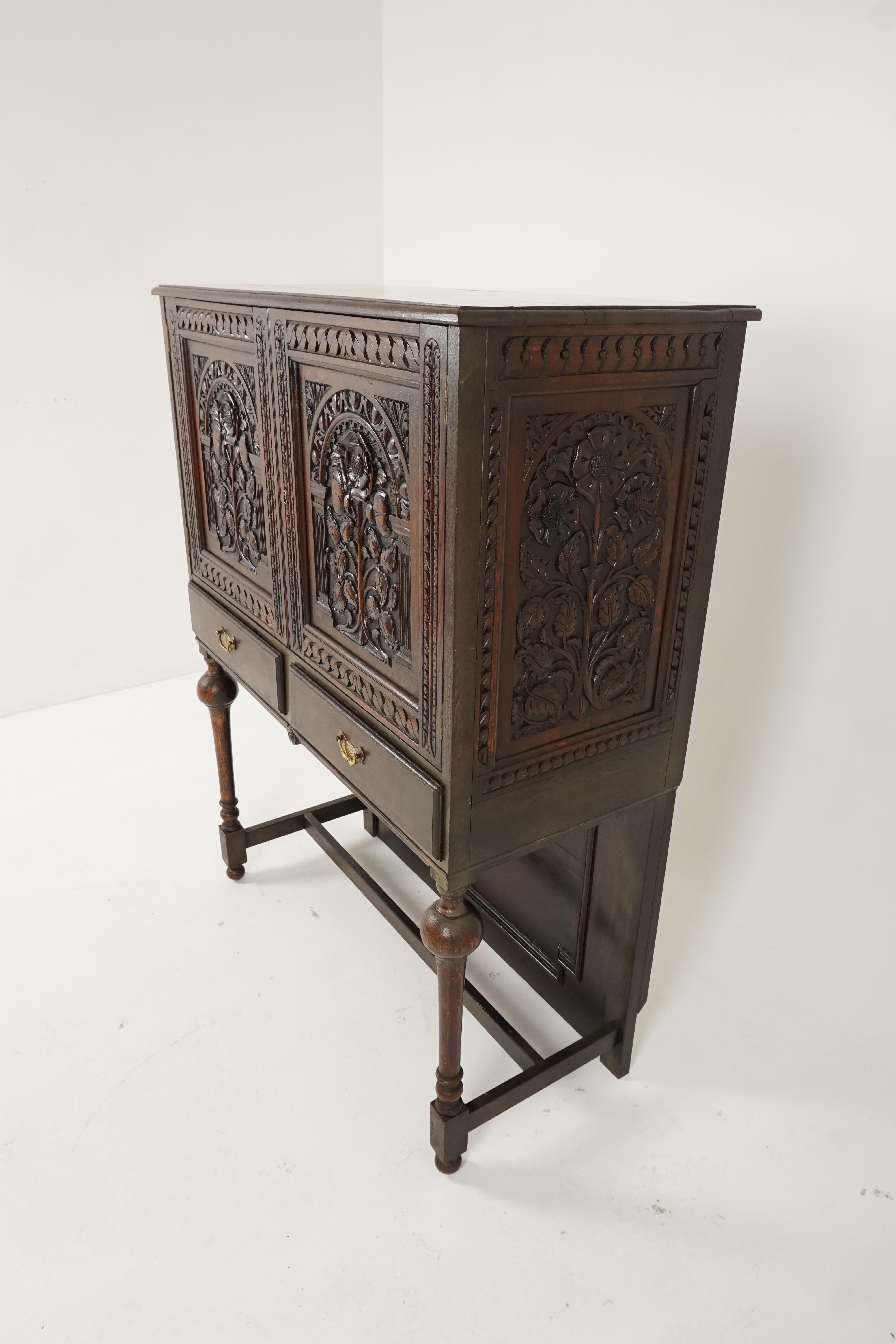 Late 19th Century Antique Carved Oak Cabinet on Stand, Scotland 1890, H146