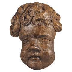 Antique Carved Oak Cherub Head Wall Hanging