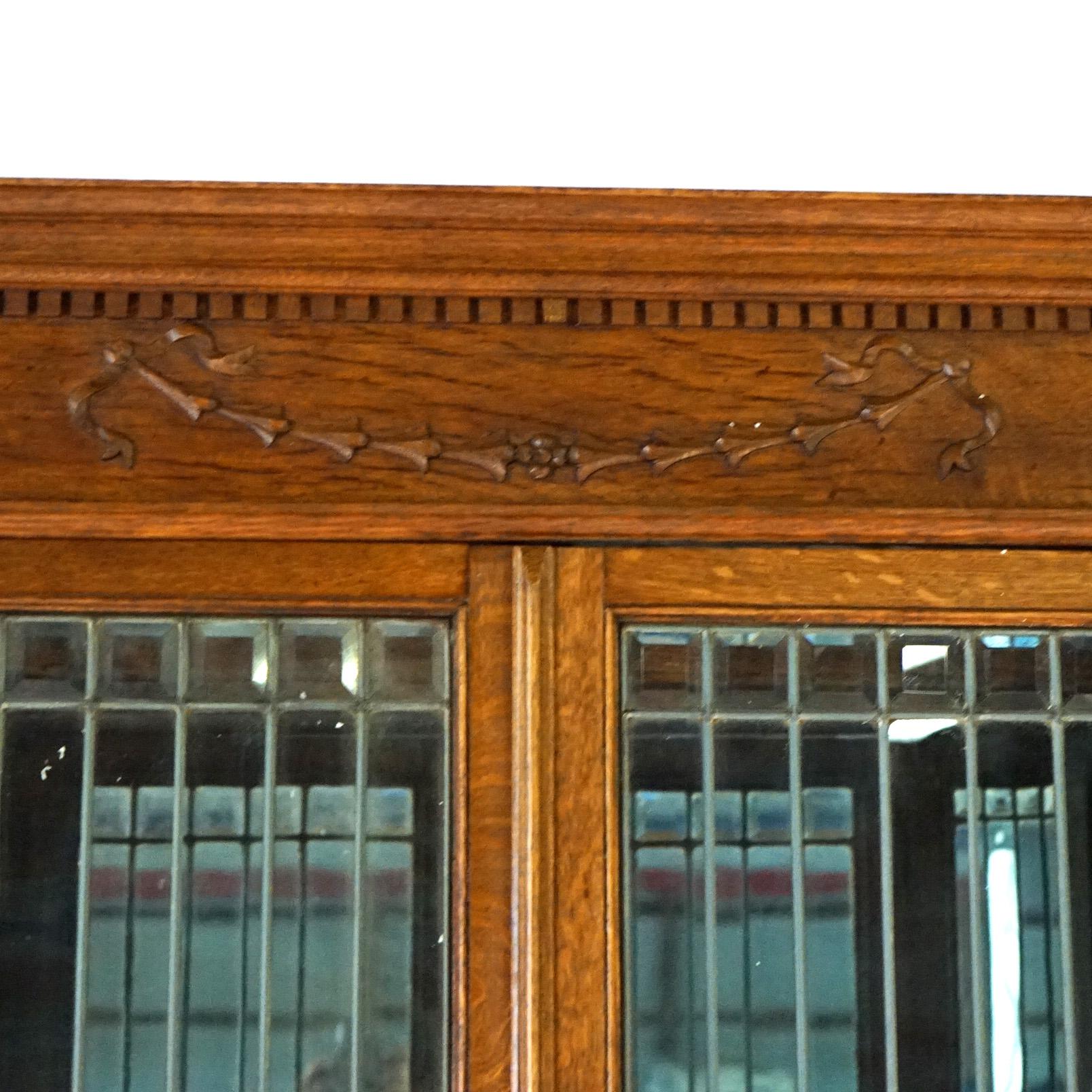 Antique Carved Oak China Buffet Mirrored Sideboard with Leaded Glass Doors c1920 7