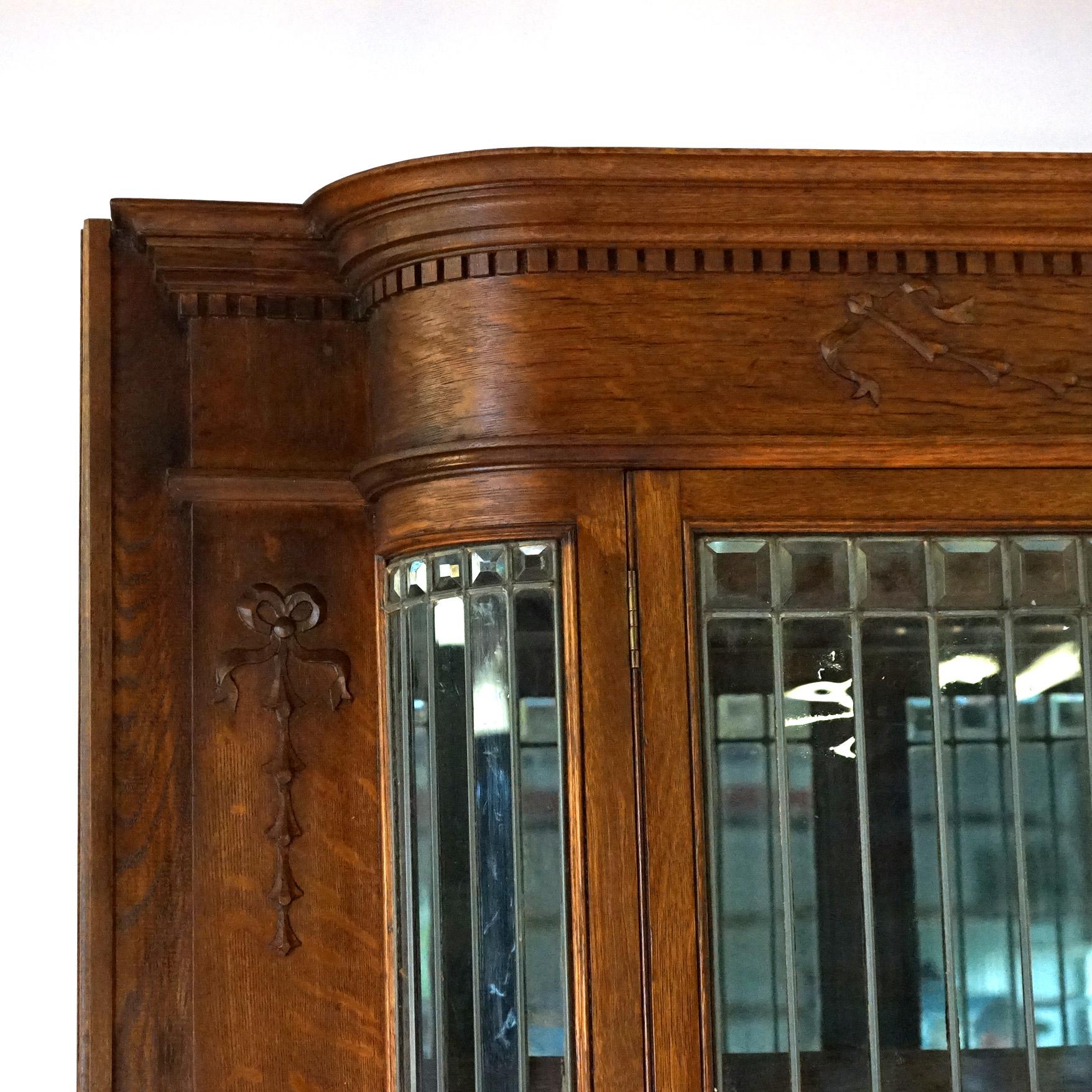 Antique Carved Oak China Buffet Mirrored Sideboard with Leaded Glass Doors c1920 8