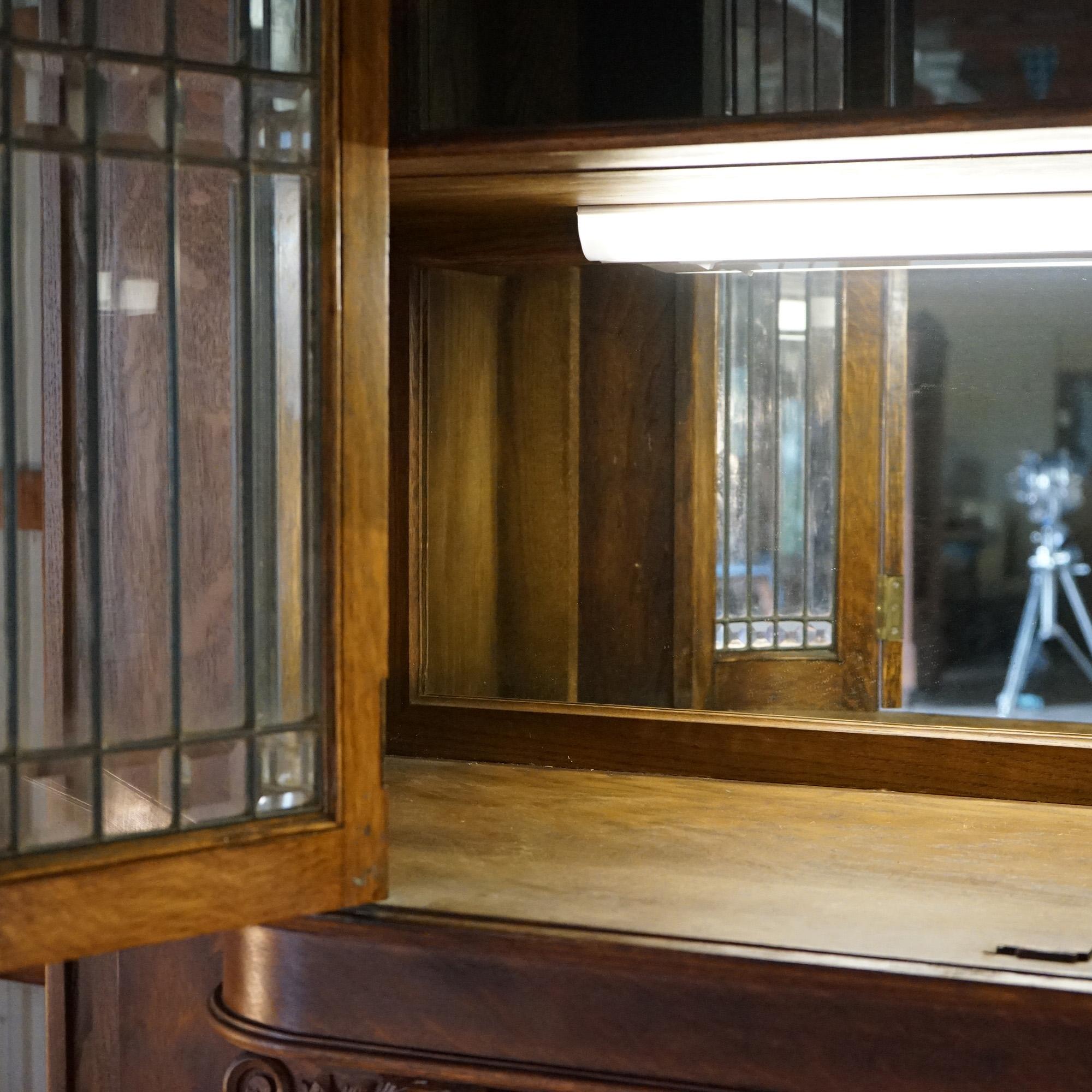 Antique Carved Oak China Buffet Mirrored Sideboard with Leaded Glass Doors c1920 14