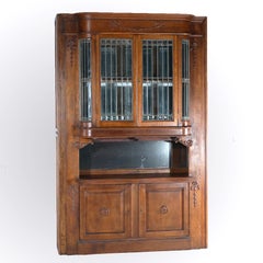 Antique Carved Oak China Buffet Mirrored Sideboard with Leaded Glass Doors c1920