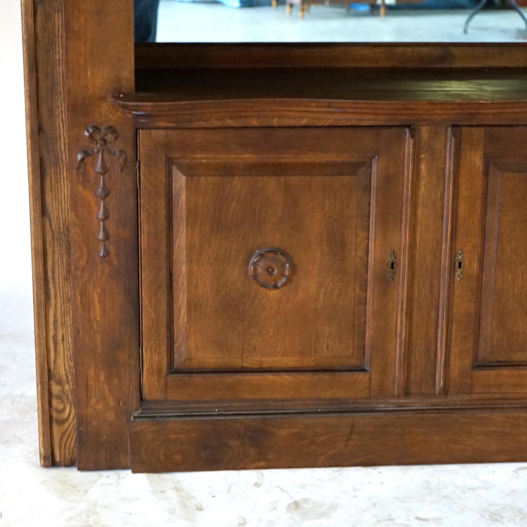 Antique Carved Oak China Buffet Mirrored Sideboard with Leaded Glass Doors c1920 3