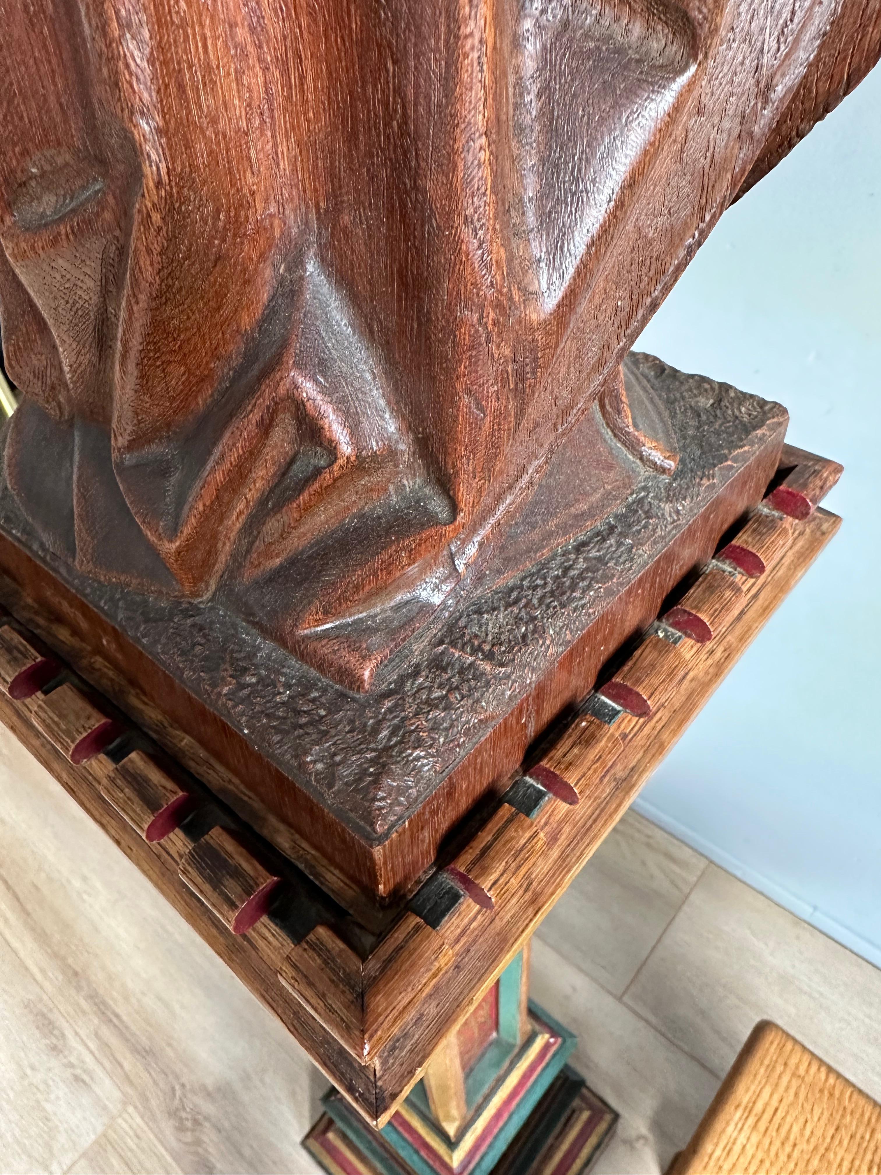 Gothic Revival Carved Oak Church Statue of Mother Mary & Child Jesus & Pedestal 3