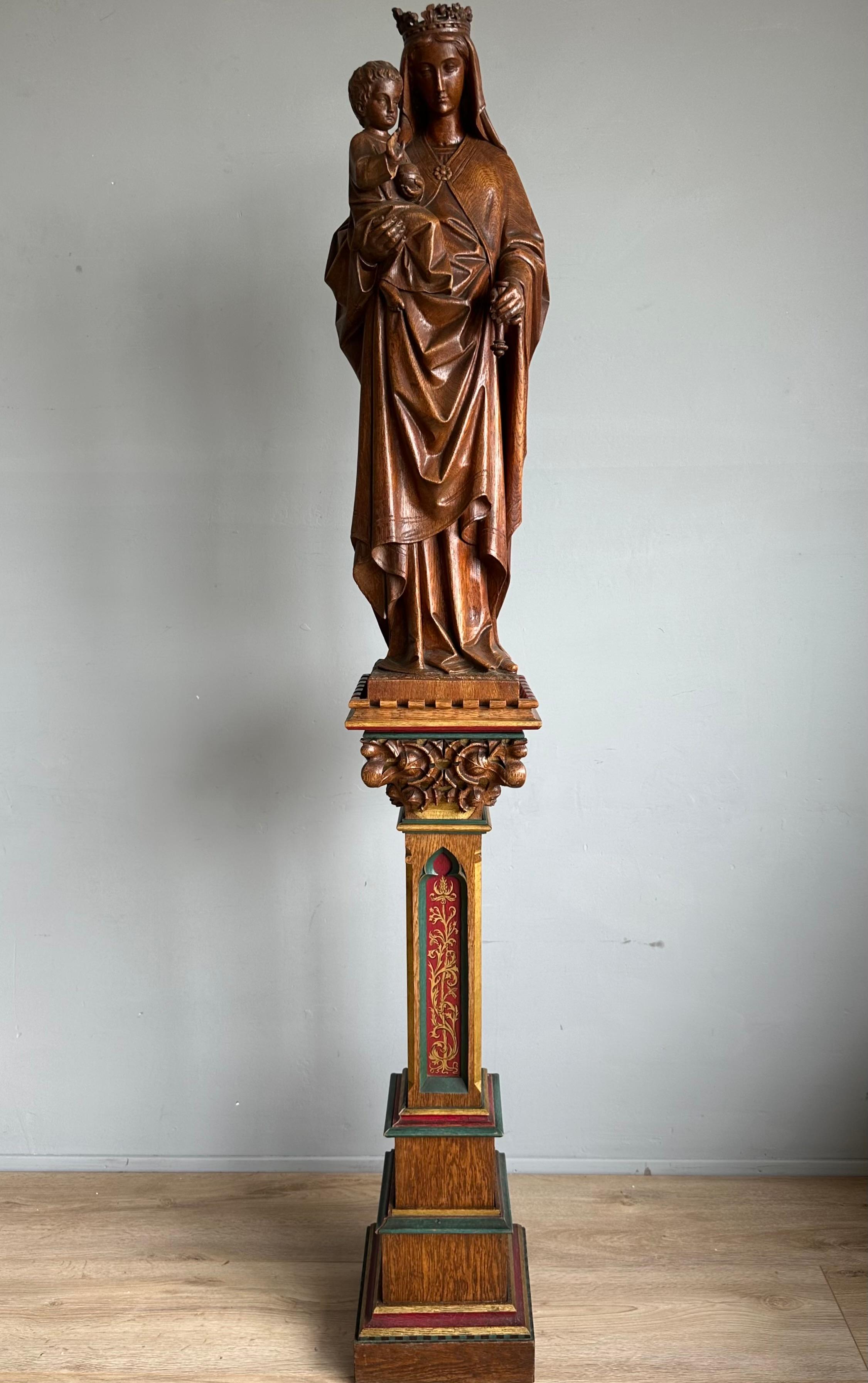 Gothic Revival Carved Oak Church Statue of Mother Mary & Child Jesus & Pedestal 5