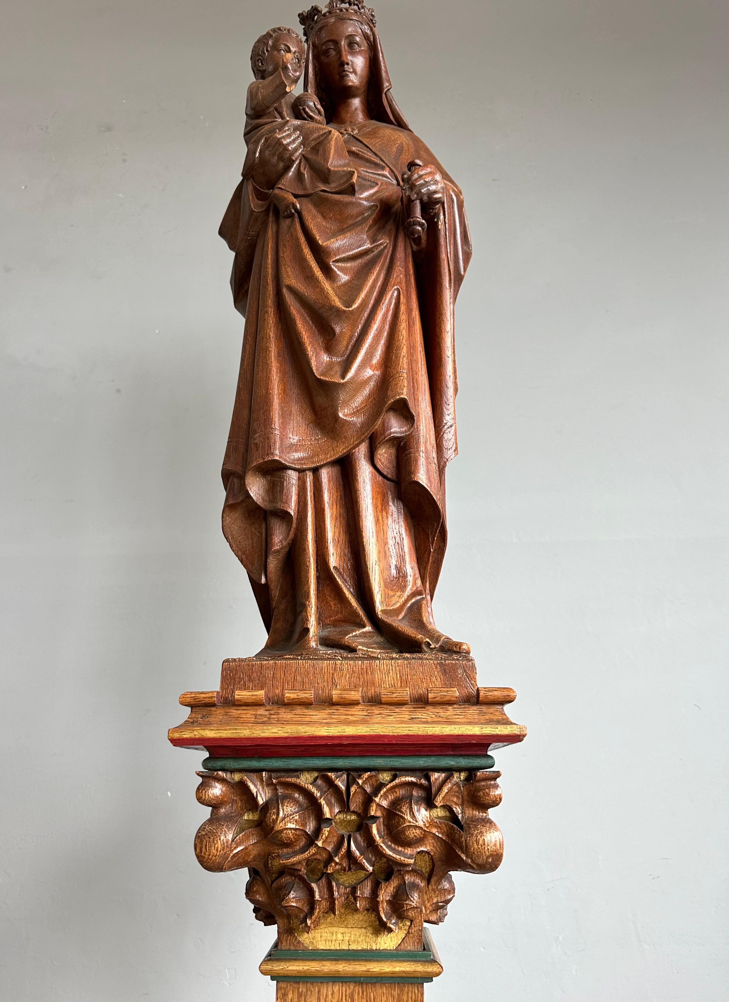 Gothic Revival Carved Oak Church Statue of Mother Mary & Child Jesus & Pedestal 8