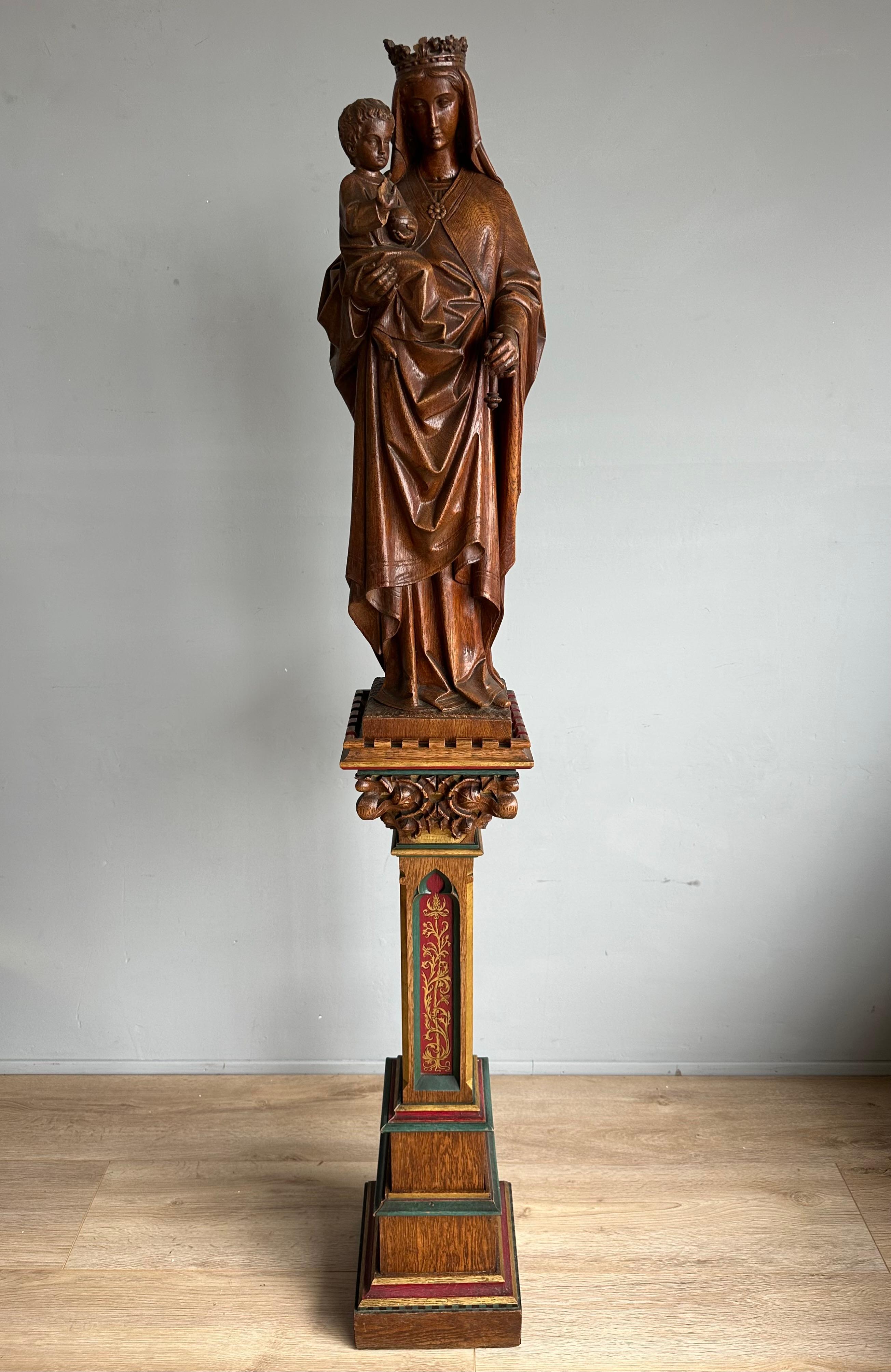 Gothic Revival Carved Oak Church Statue of Mother Mary & Child Jesus & Pedestal 9