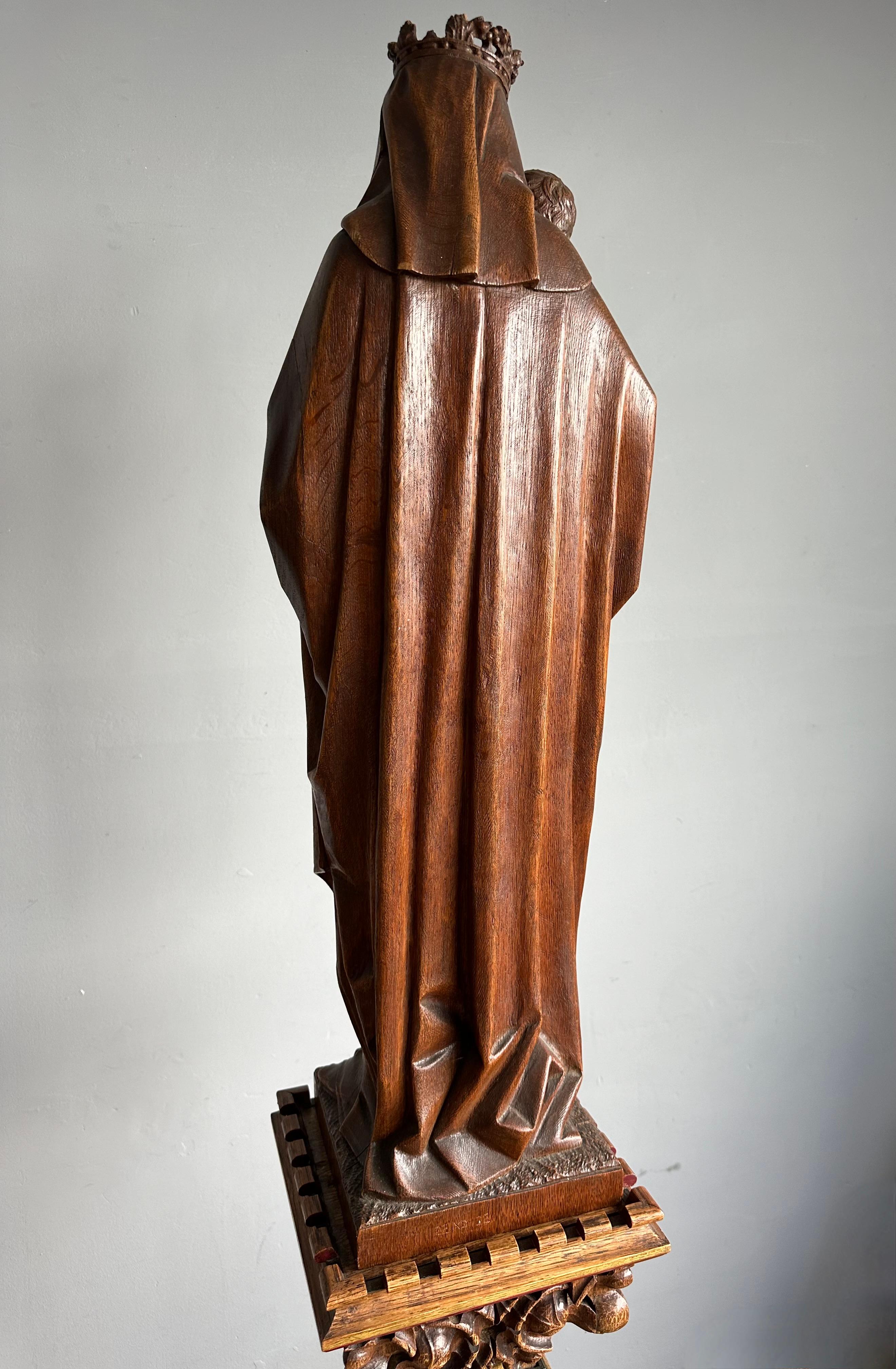 Gothic Revival Carved Oak Church Statue of Mother Mary & Child Jesus & Pedestal 10