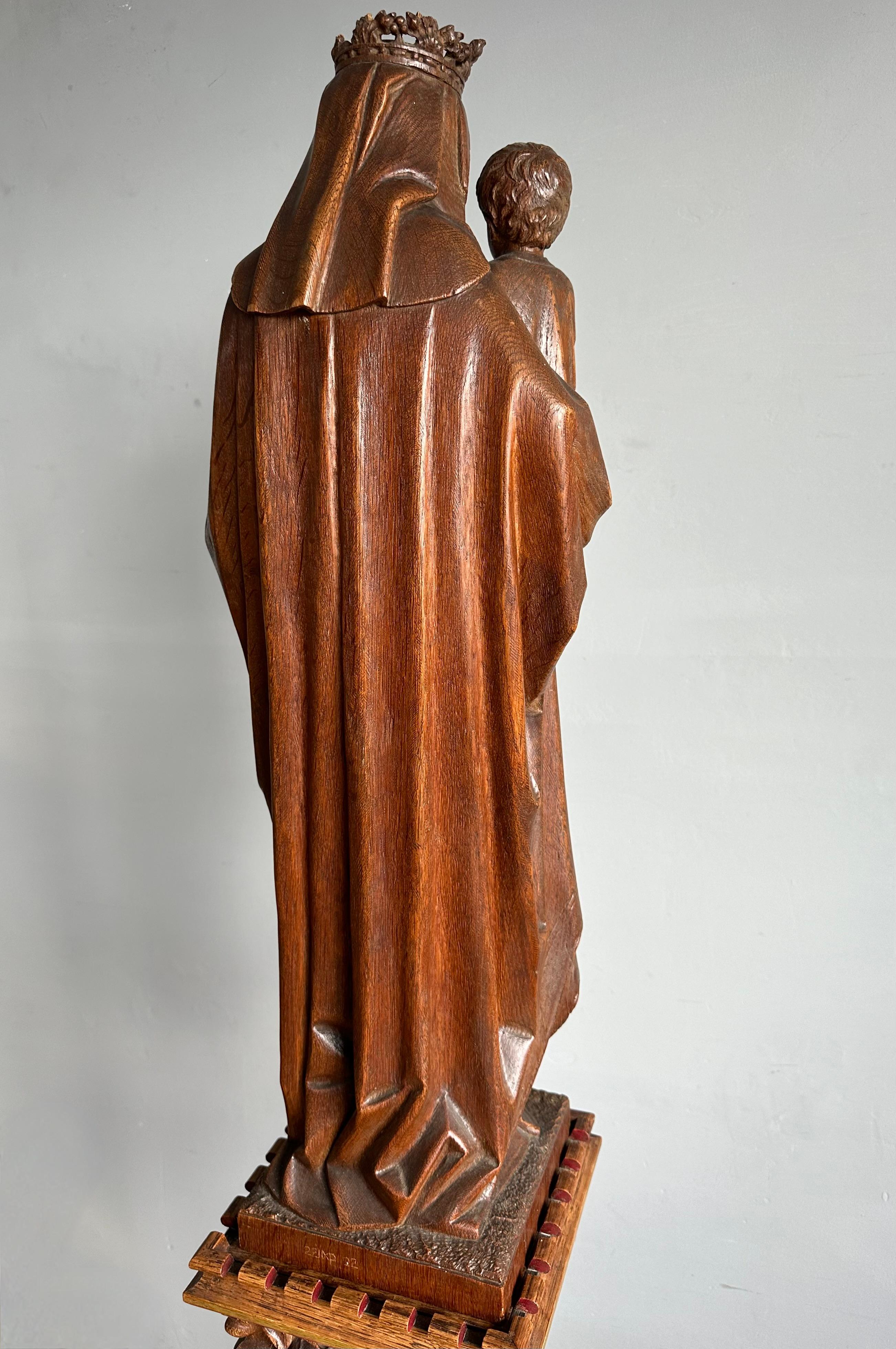 Gothic Revival Carved Oak Church Statue of Mother Mary & Child Jesus & Pedestal 11