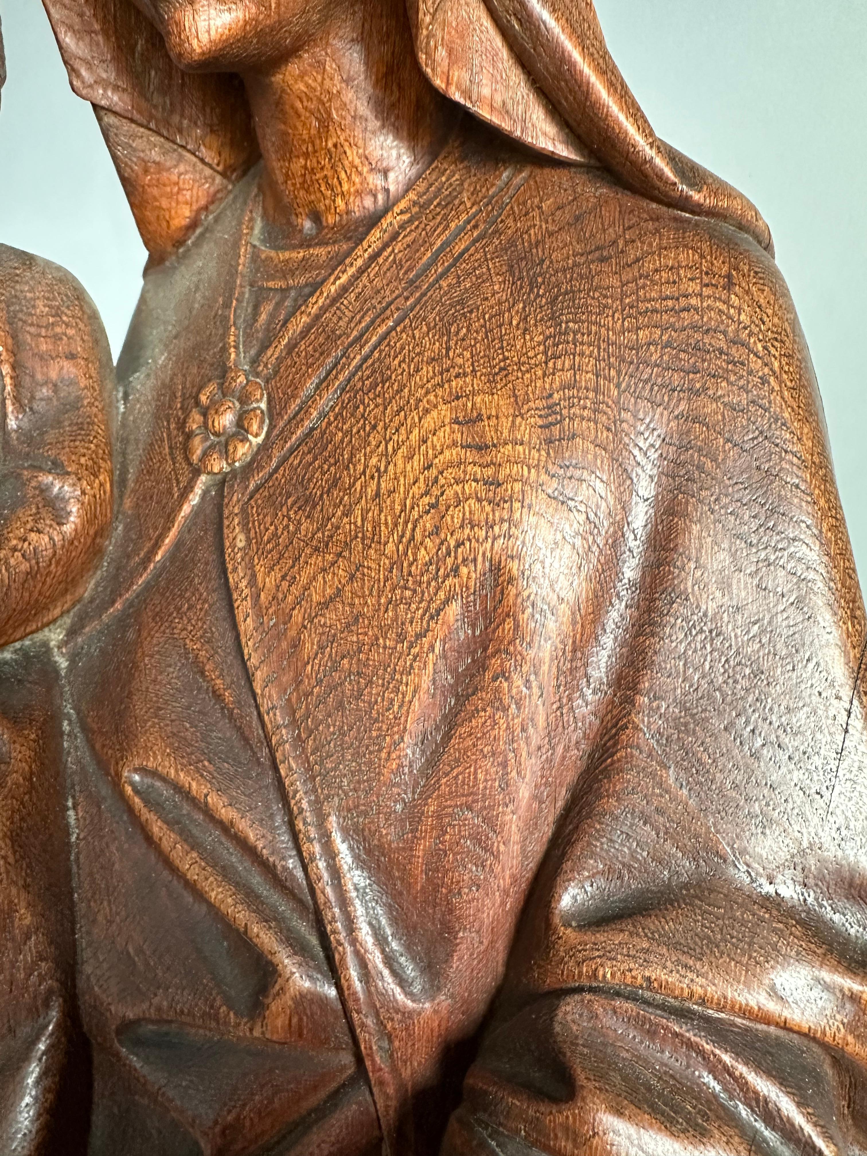 Gothic Revival Carved Oak Church Statue of Mother Mary & Child Jesus & Pedestal 12