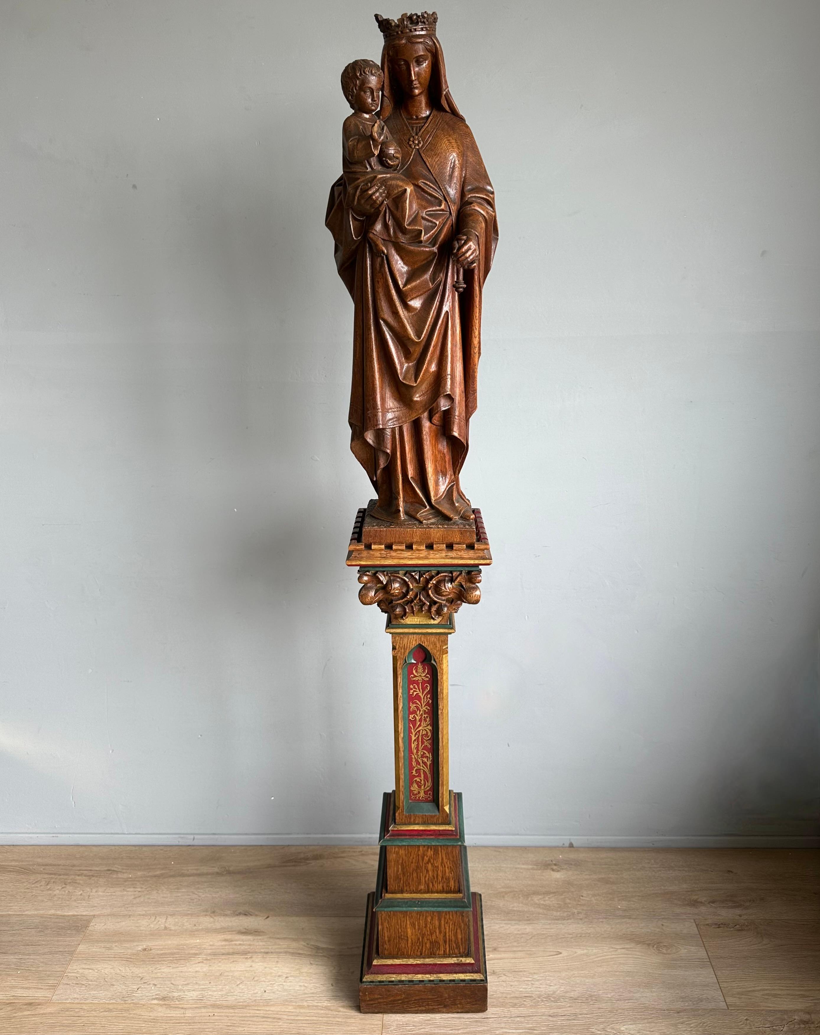 European Gothic Revival Carved Oak Church Statue of Mother Mary & Child Jesus & Pedestal