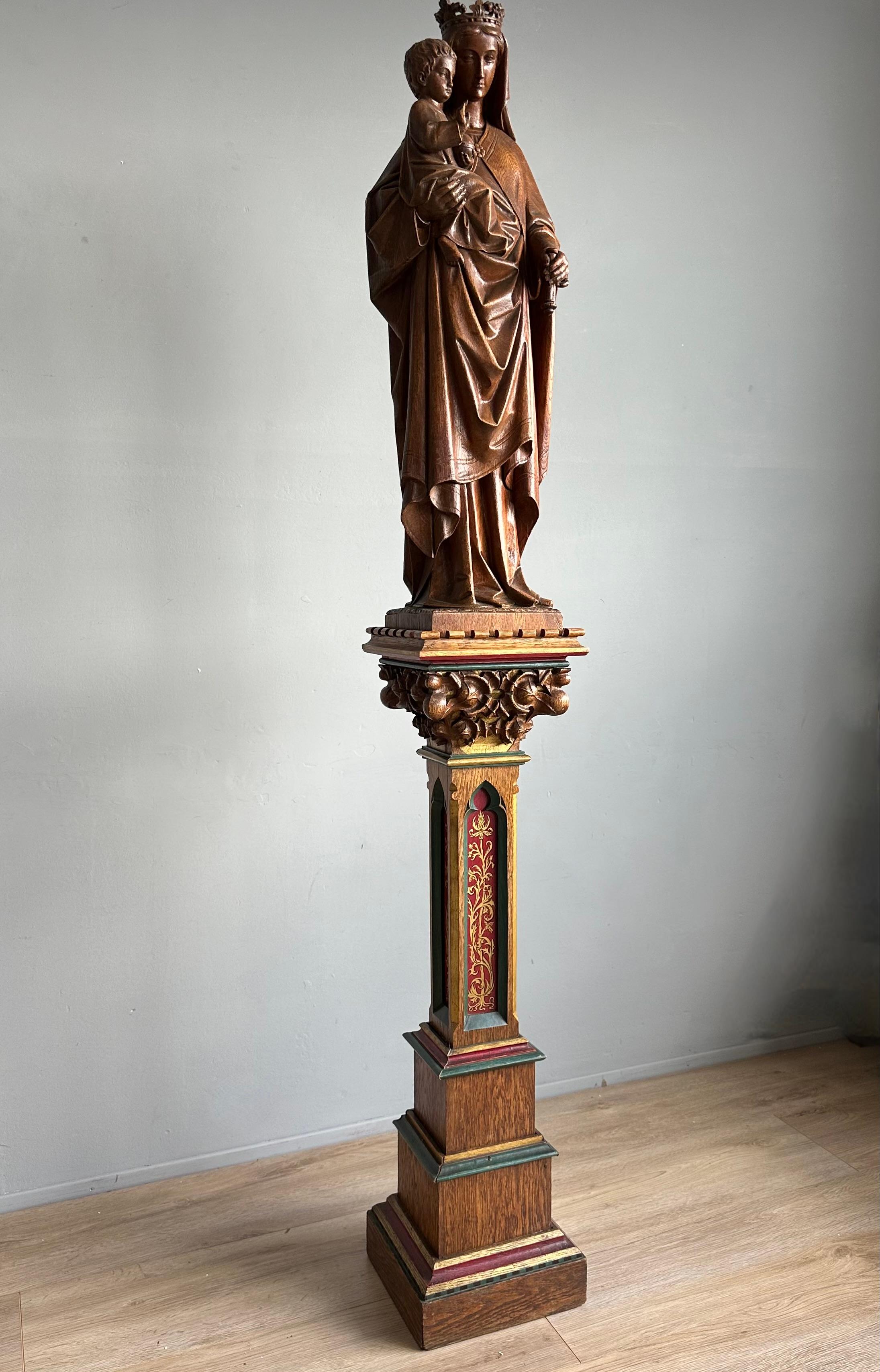 Hand-Carved Gothic Revival Carved Oak Church Statue of Mother Mary & Child Jesus & Pedestal