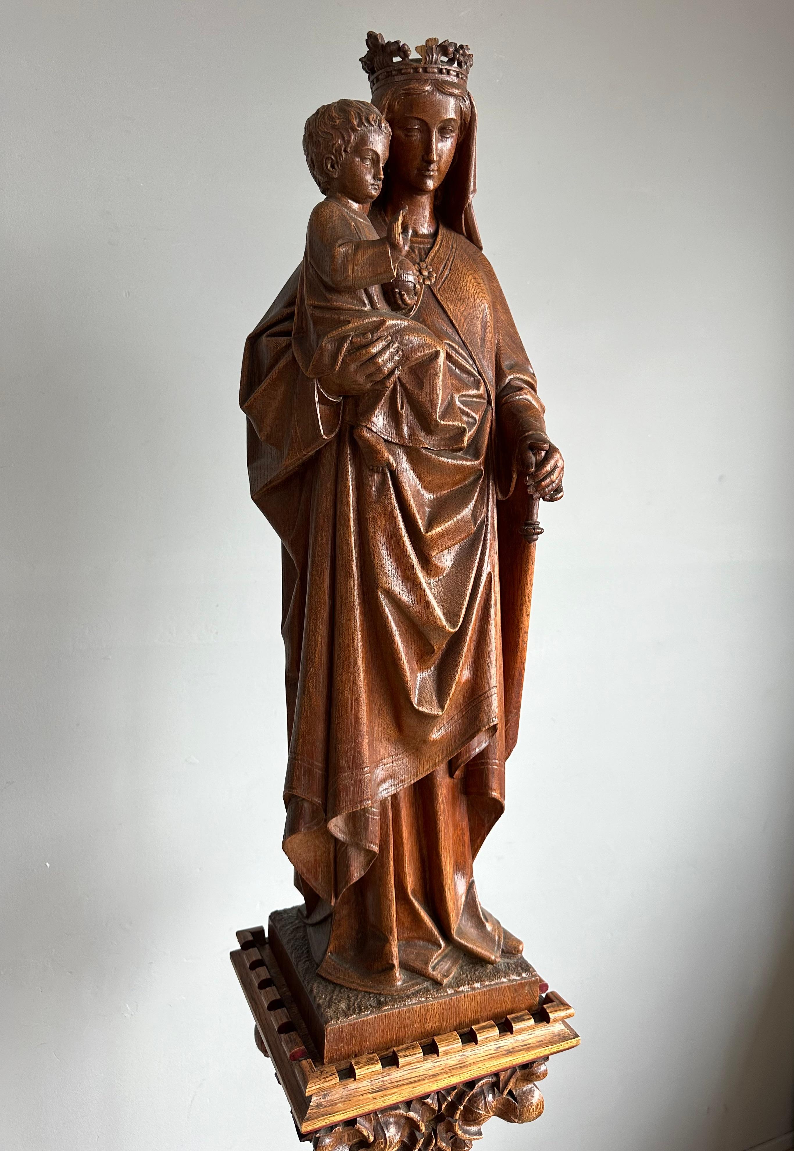 Late 19th Century Gothic Revival Carved Oak Church Statue of Mother Mary & Child Jesus & Pedestal