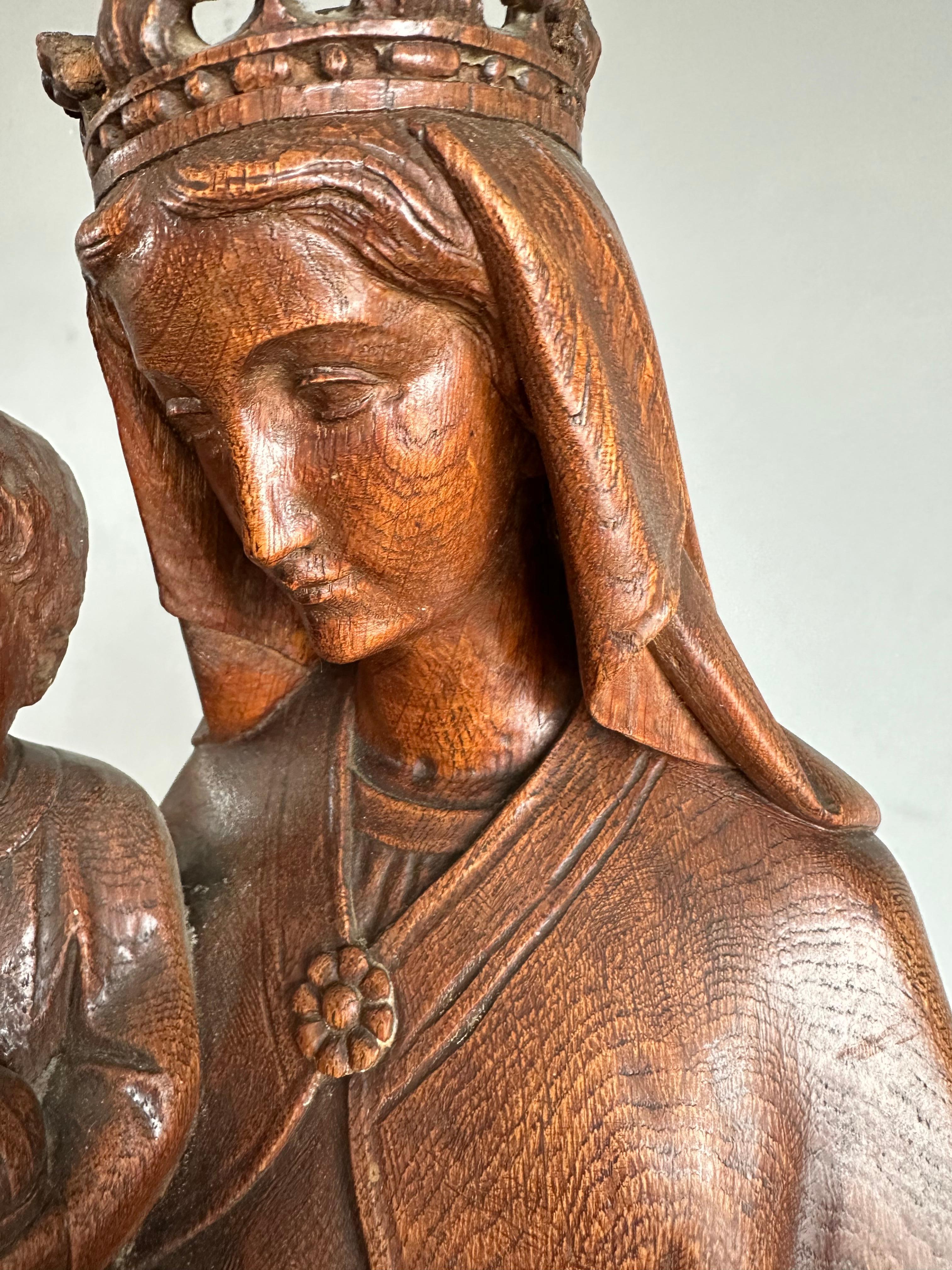 Wood Gothic Revival Carved Oak Church Statue of Mother Mary & Child Jesus & Pedestal