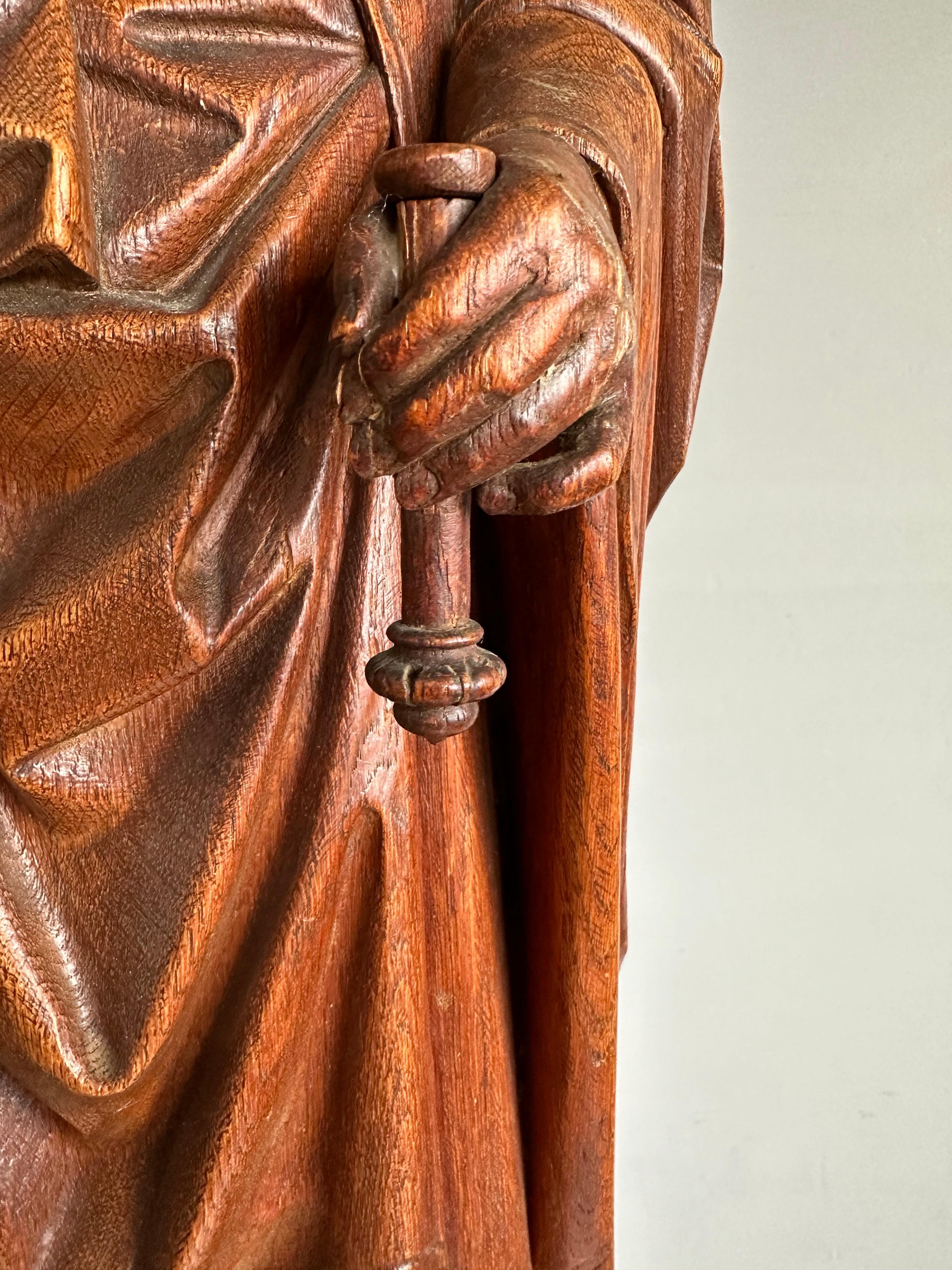 Gothic Revival Carved Oak Church Statue of Mother Mary & Child Jesus & Pedestal 1