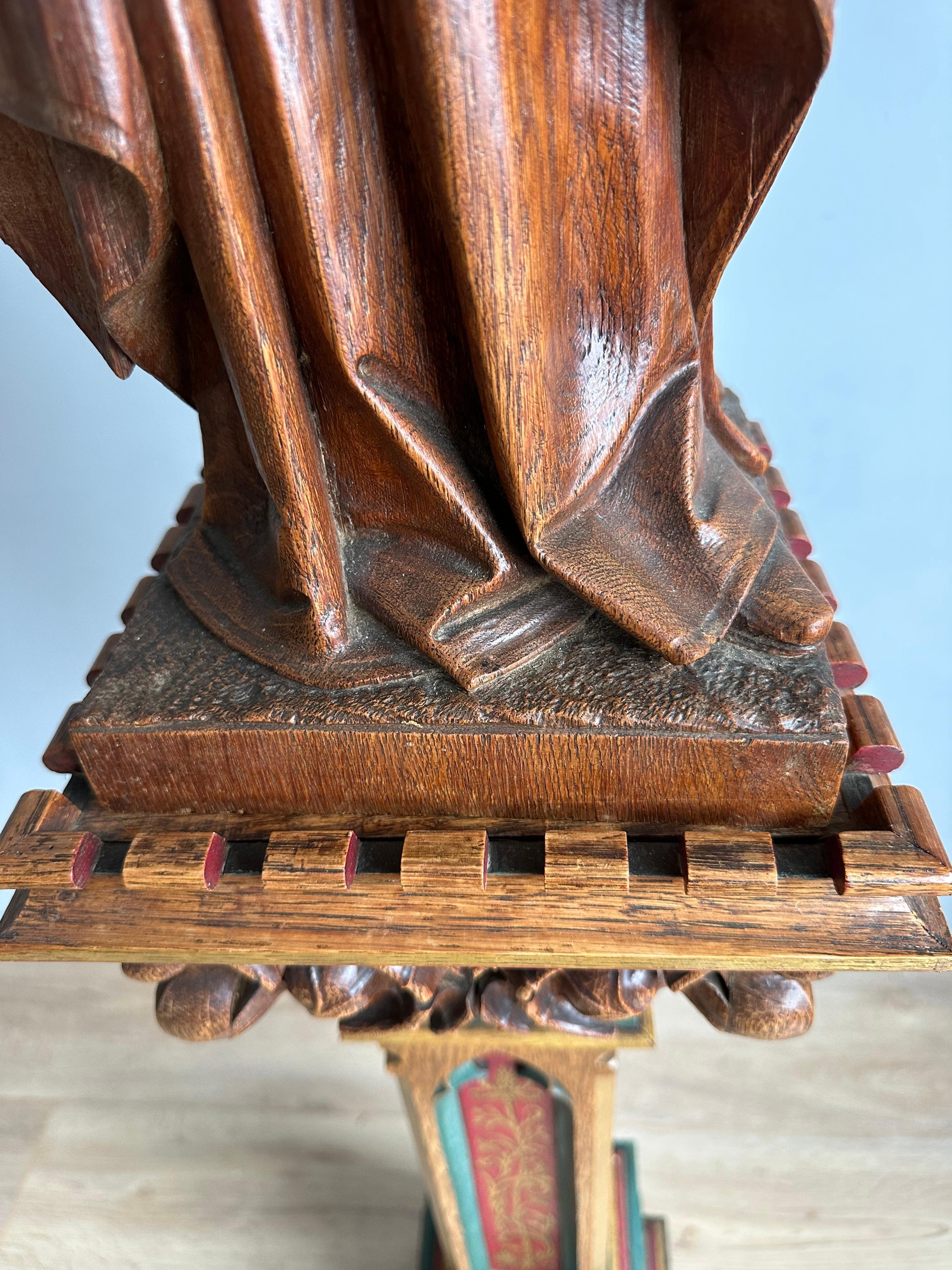 Gothic Revival Carved Oak Church Statue of Mother Mary & Child Jesus & Pedestal 2
