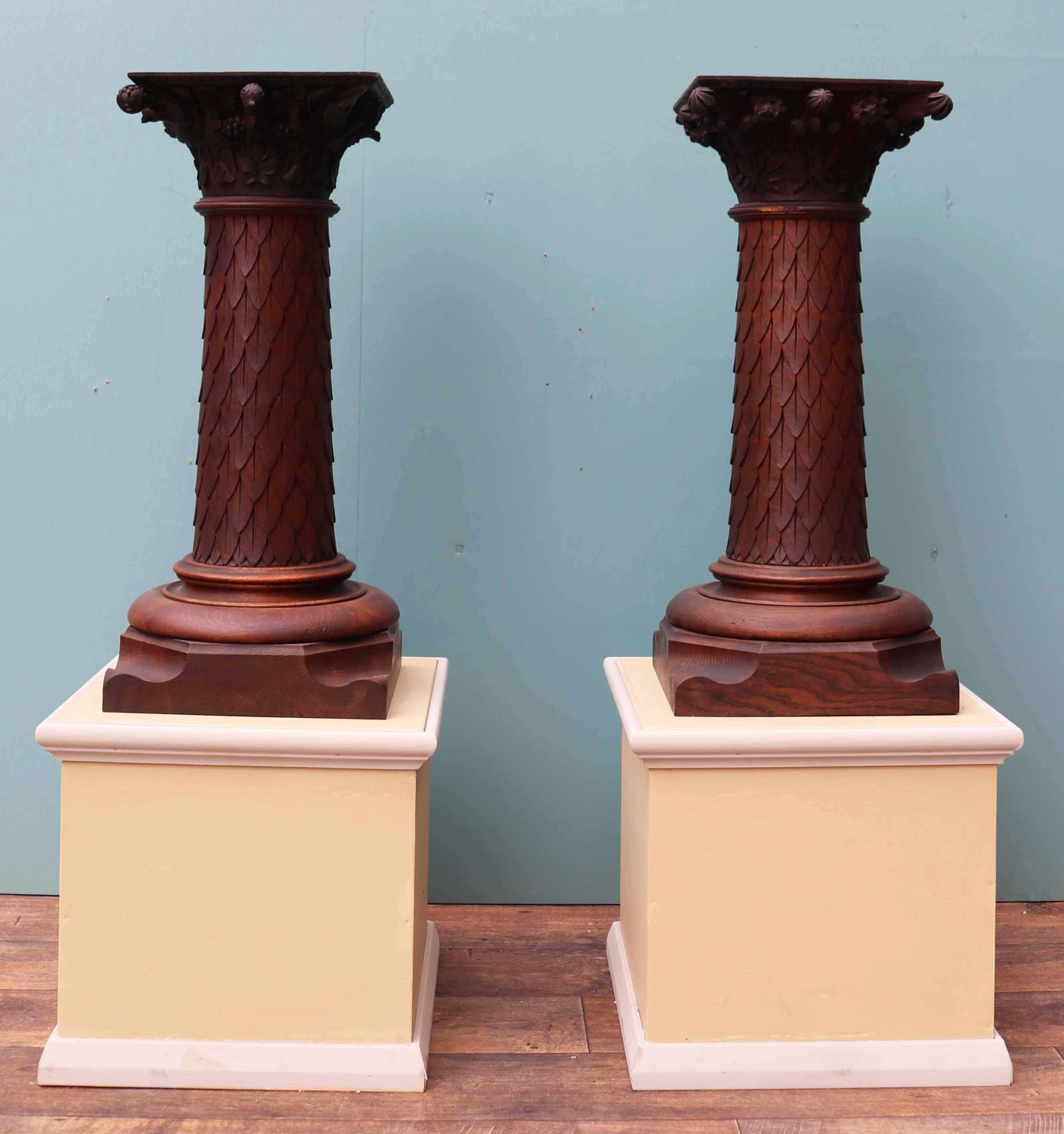 A pair of turned and carved oak column pedestals. Salvaged from a church in Portsmouth.

There are up to three pairs available, please ask for more details.

Additional Dimensions:

Base 29.5 cm x 29.5 cm

Top 26.5 cm x 29.5 cm.