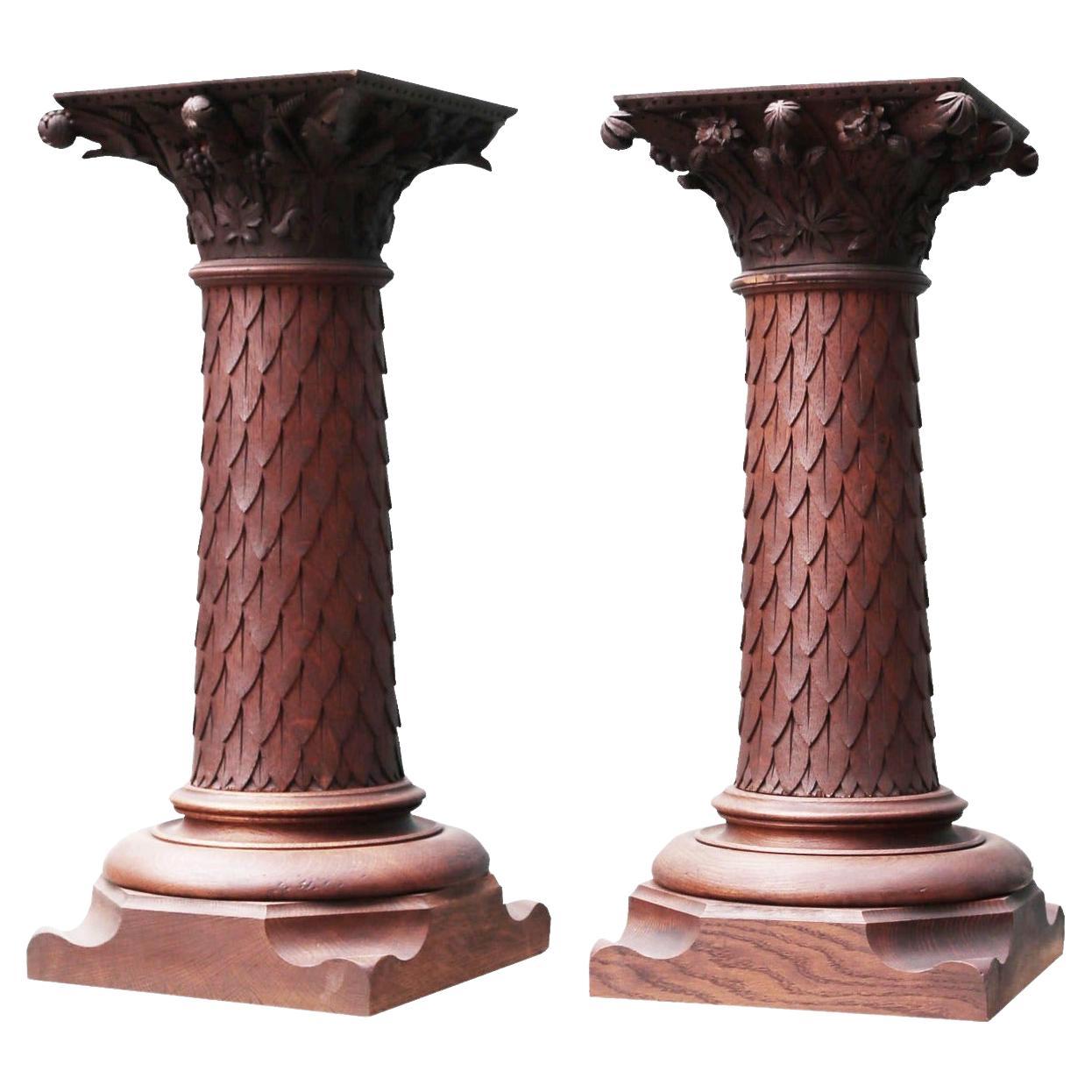 Antique Carved Oak Column Pedestals 'pair' For Sale