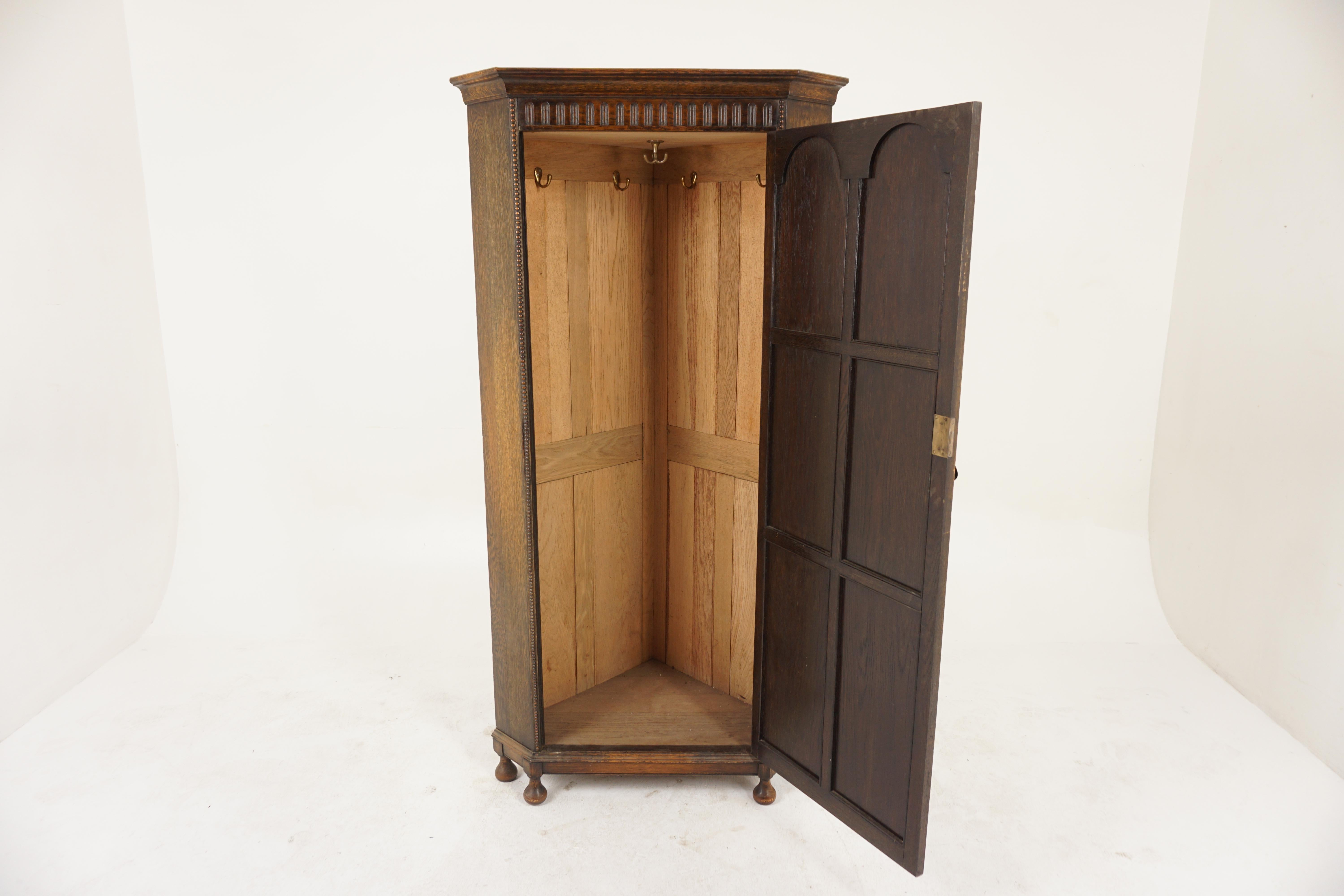 Scottish Antique Carved Oak Corner Hall Armoire Wardrobe Closet, Scotland 1910, H1028  For Sale