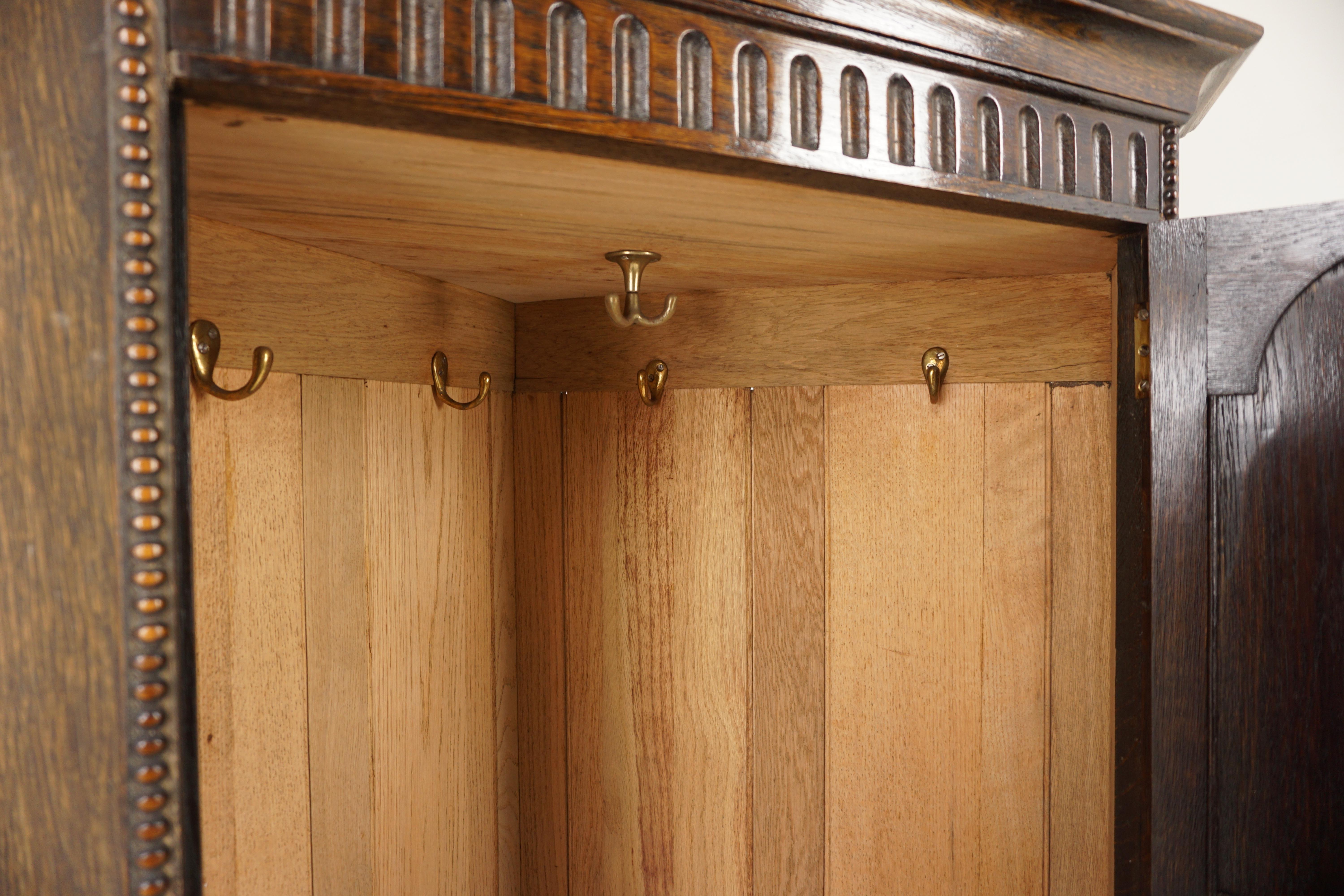 Hand-Crafted Antique Carved Oak Corner Hall Armoire Wardrobe Closet, Scotland 1910, H1028 