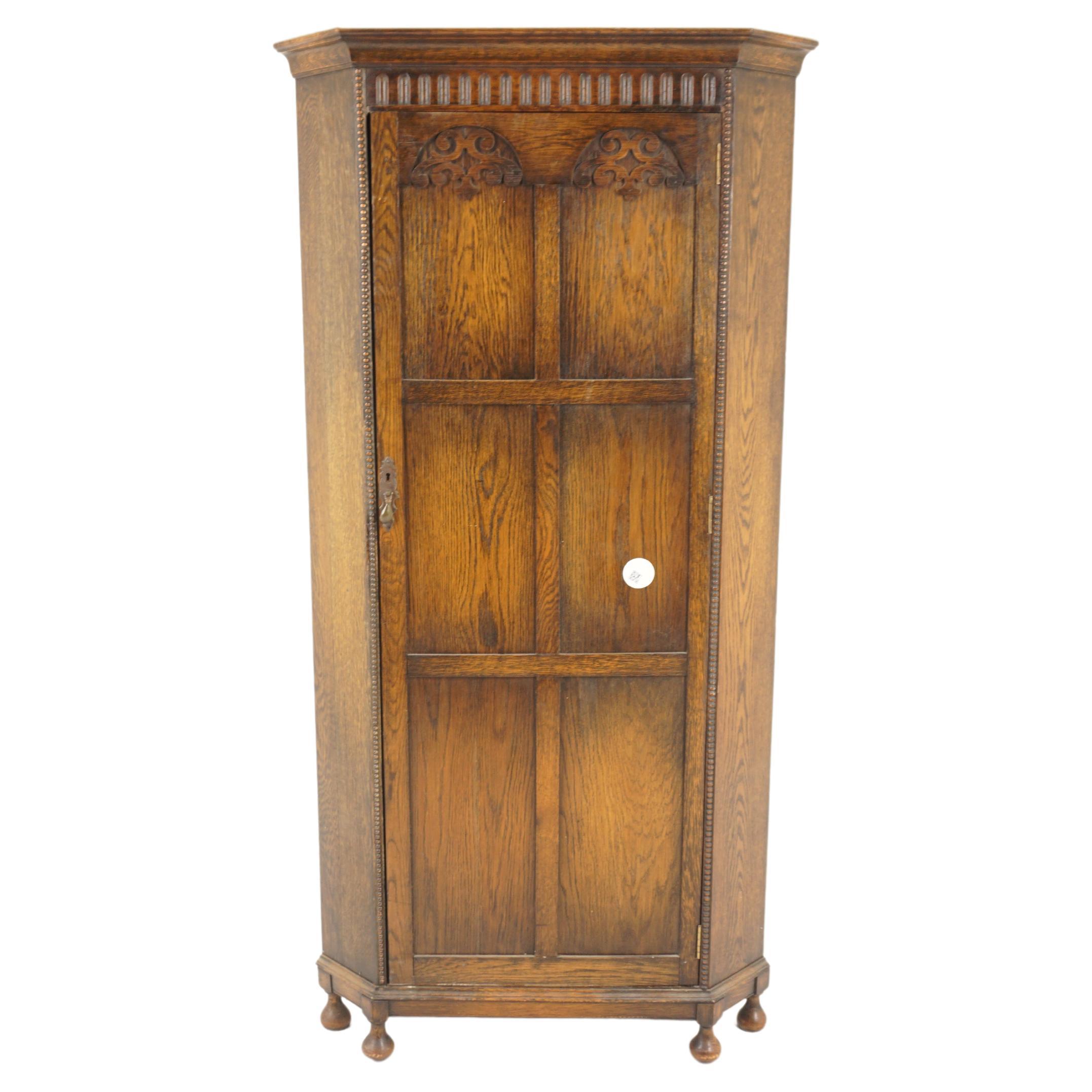 Antique Carved Oak Corner Hall Armoire Wardrobe Closet, Scotland 1910, H1028  For Sale