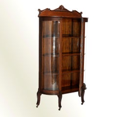 Antique Carved Oak Curved Glass China Cabinet, circa 1900